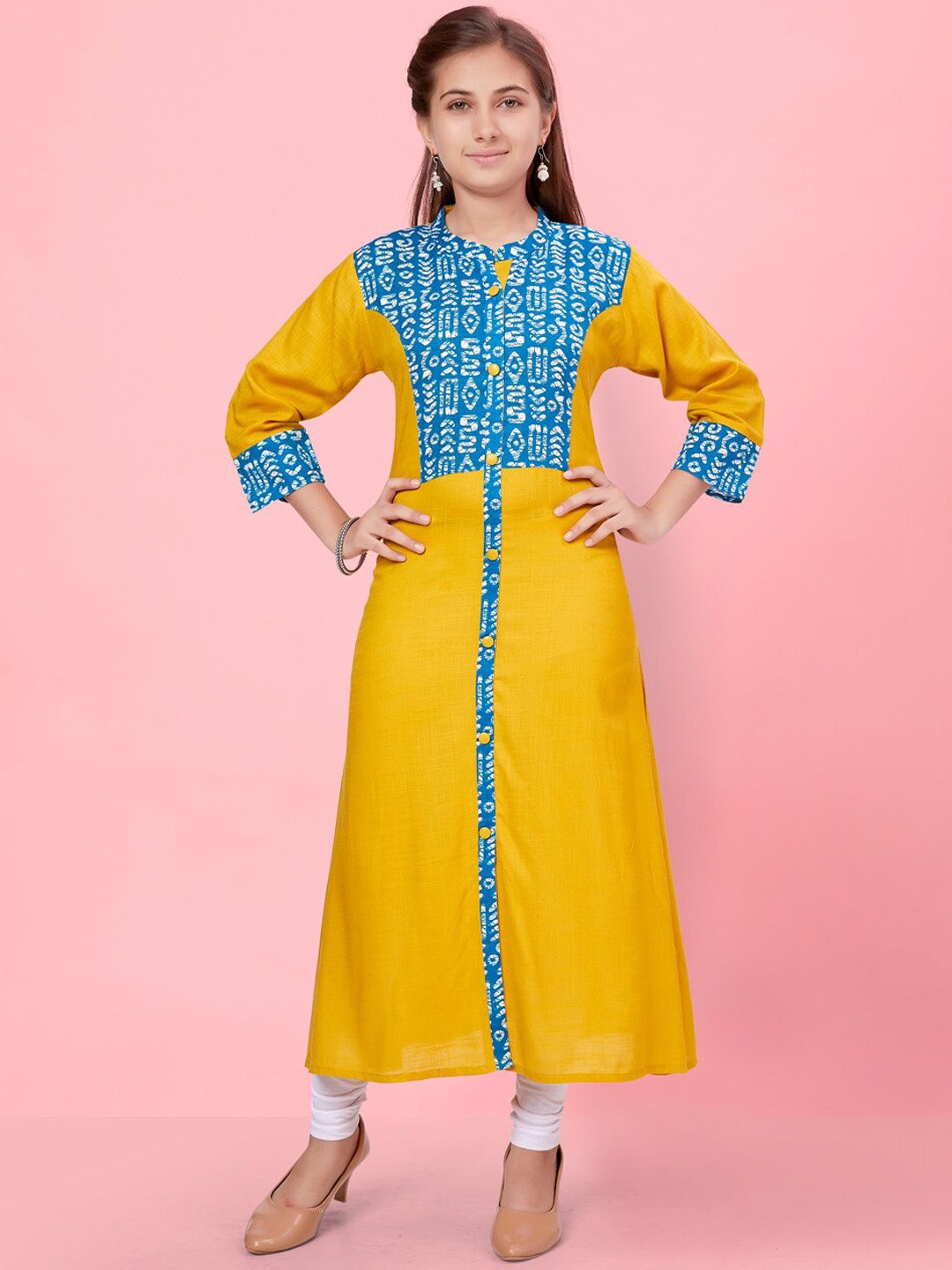 

BAESD Girls Abstract Printed Mandarian collar A-Line Kurta, Yellow