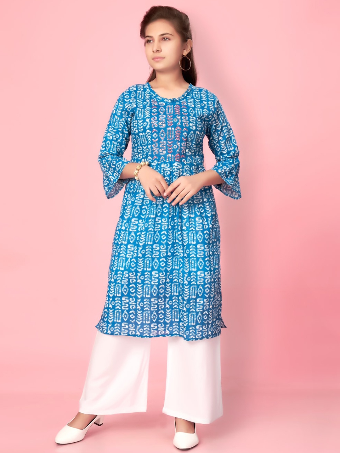 

BAESD Girls Abstract Printed Bell Sleeves Thread Work Detail A-Line Kurta, Blue