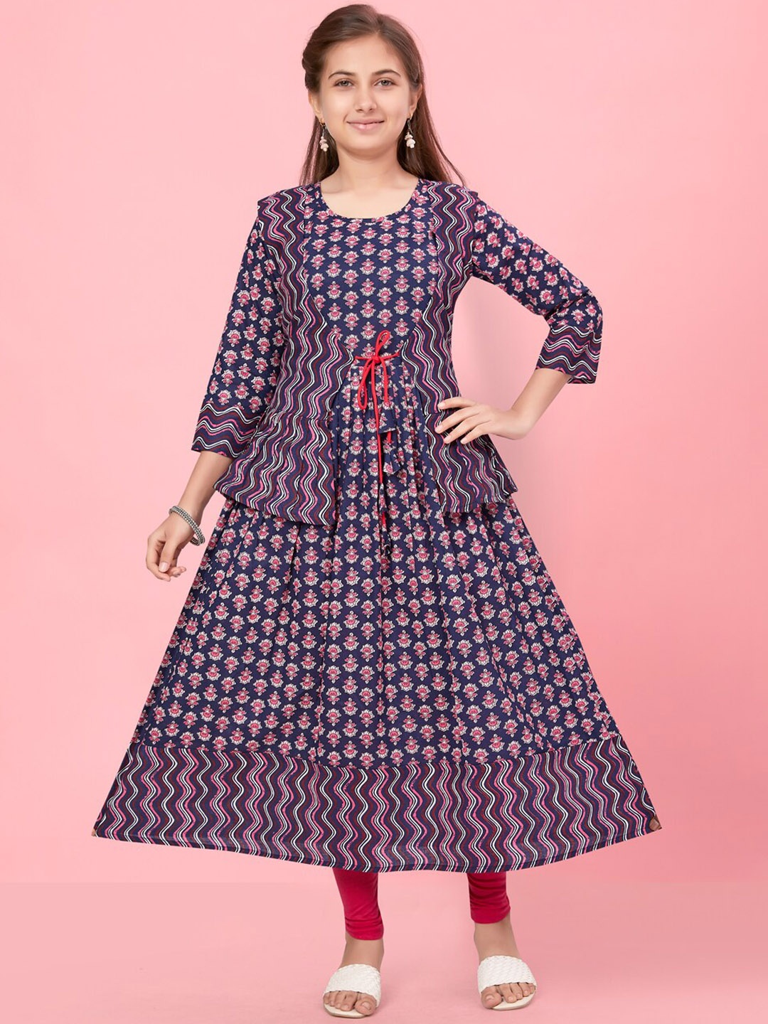 

BAESD Girls Floral Printed Round Neck Angrakha Anarkali Kurta With Jacket, Navy blue