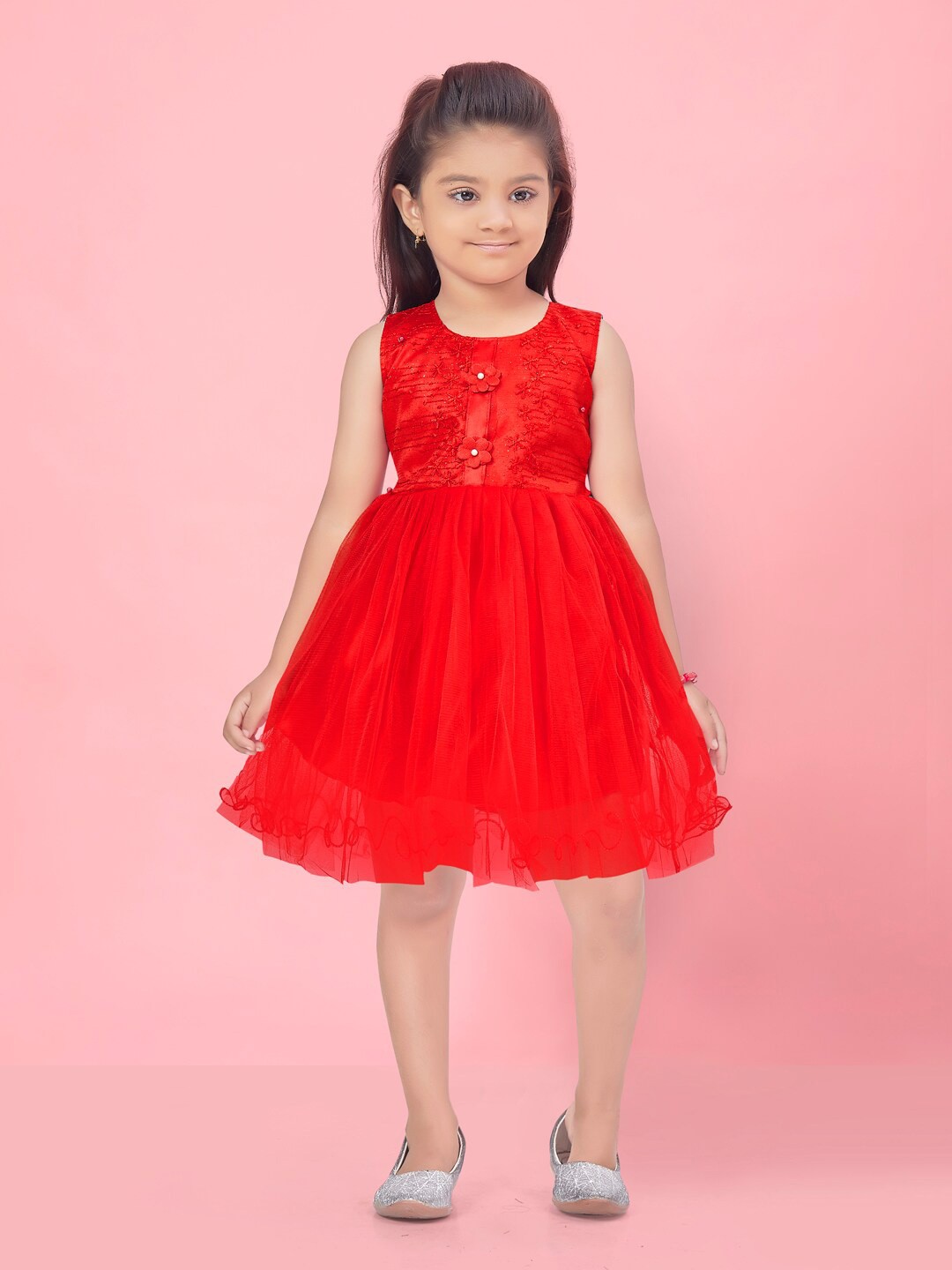 

BAESD Girls Round Neck Sleeveless Net Fit & Flare Dress, Red