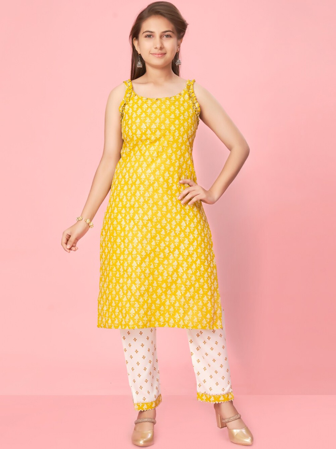 

BAESD Girls Ethnic Motifs Printed Pure Cotton Kurta with Trousers, Yellow