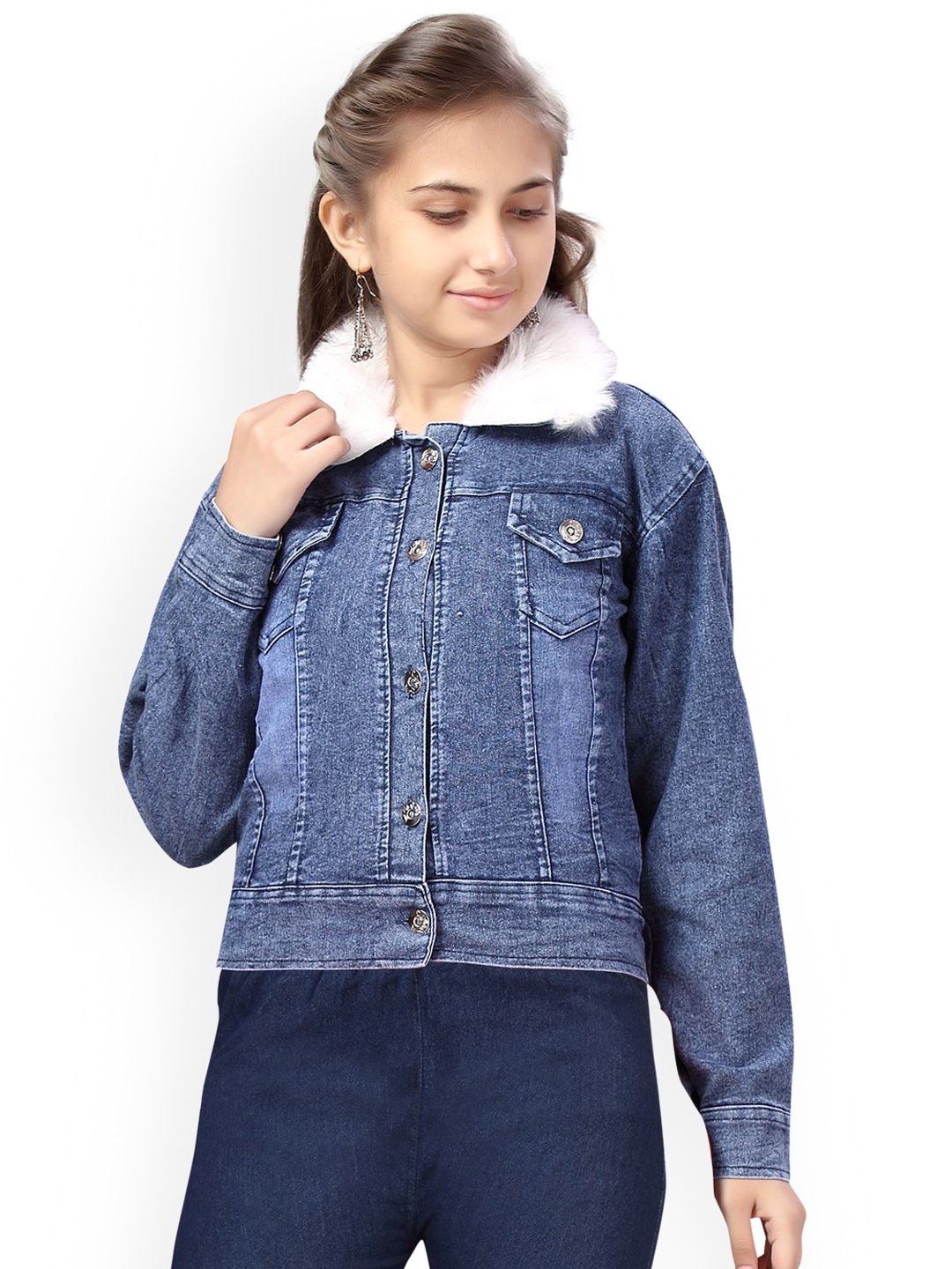 

BAESD Girls Washed Lightweight Denim Jacket With Faux Fur, Blue