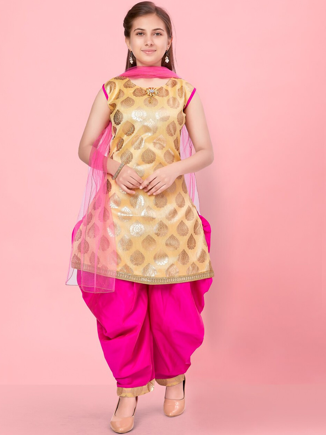

BAESD Girls Woven Design Gotta Patti Detailed Pure Silk Kurta & Patiala with Dupatta, Gold