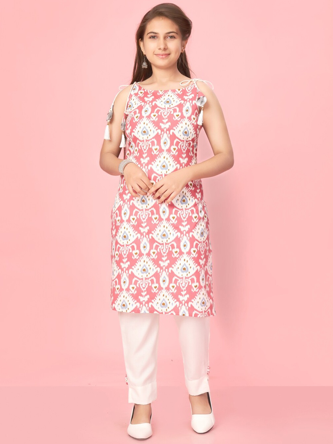 

BAESD Girls Ethnic Motifs Printed Pure Cotton Kurta with Trousers, Pink