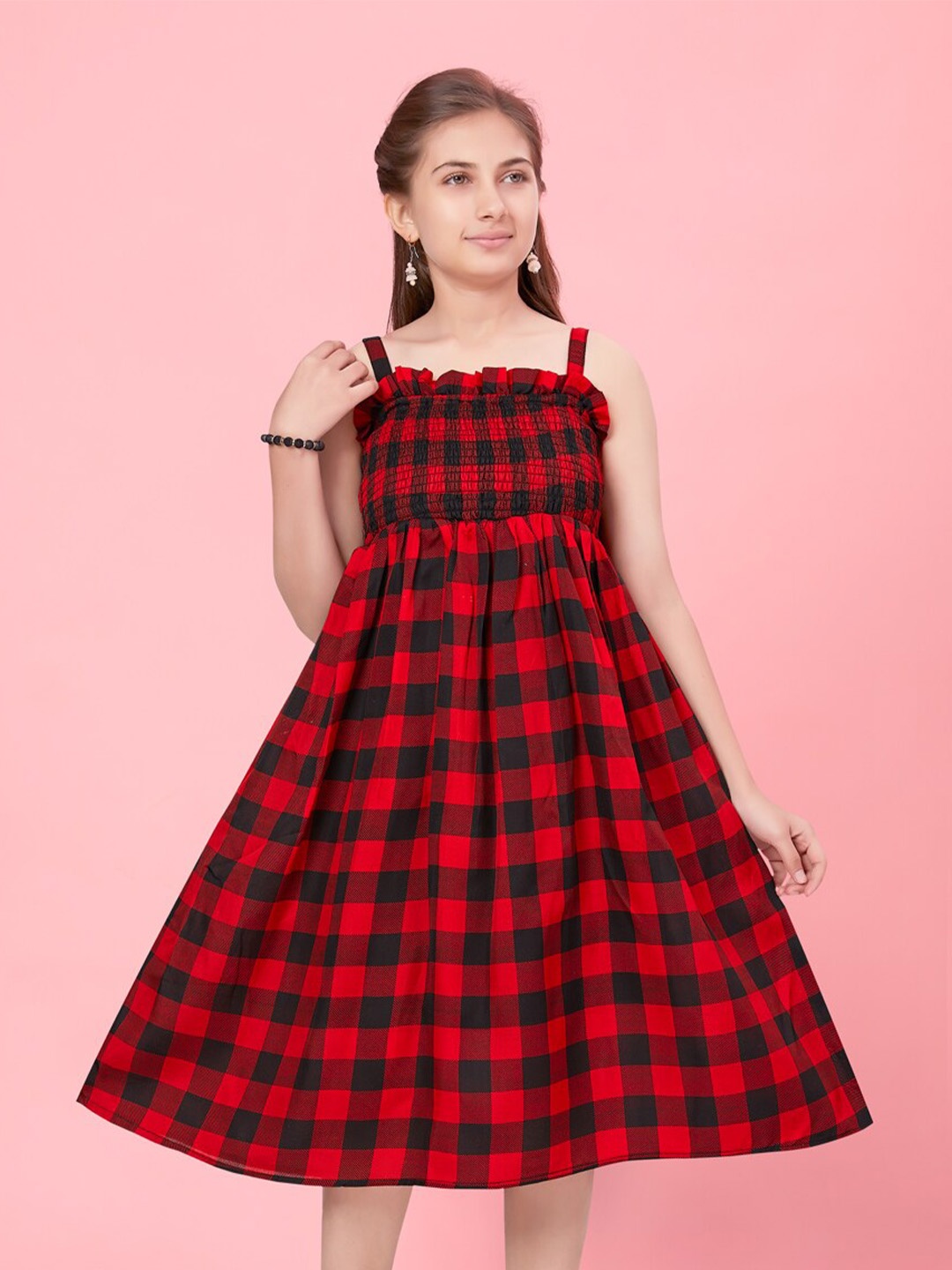 

BAESD Girls Checked Shoulder Straps Smocked Fit & Flare Cotton Midi Dress, Red
