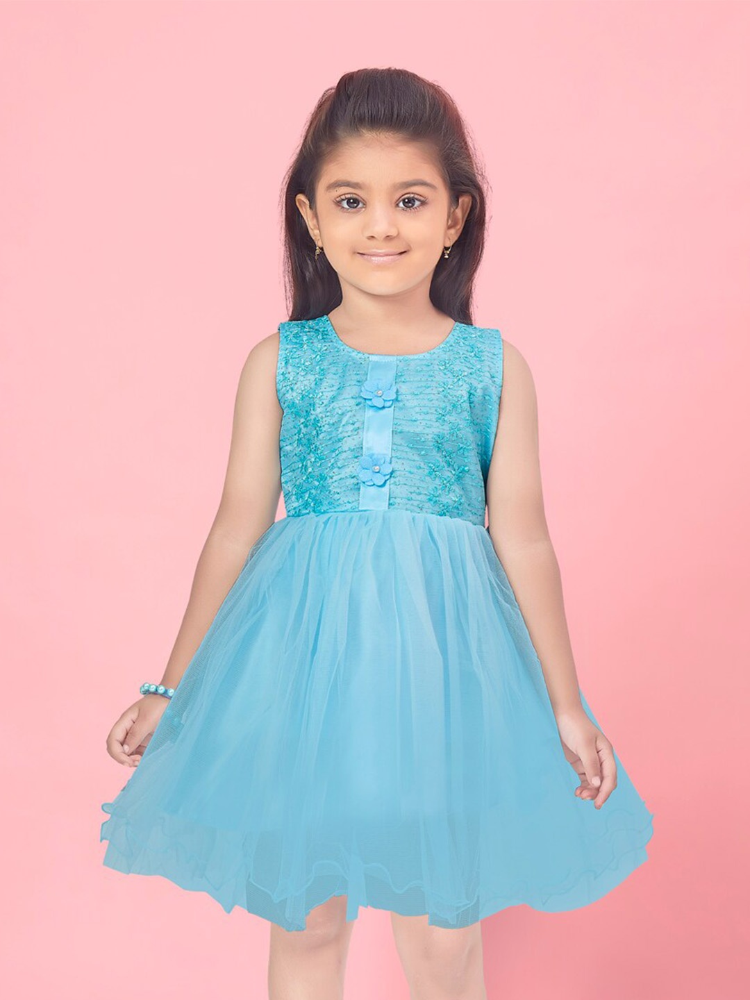 

BAESD Girls Floral Embroidered Round Neck Gathered Fit & Flare Dress, Blue