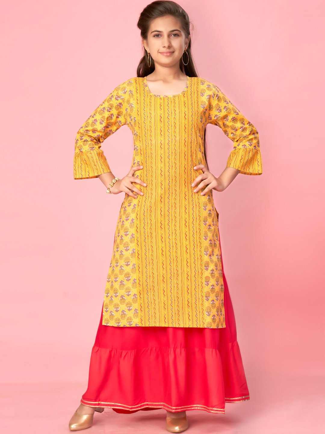 

BAESD Girls Ethinic Printed Round Neck Flared Sleeve Gotta Patti Kurta, Yellow