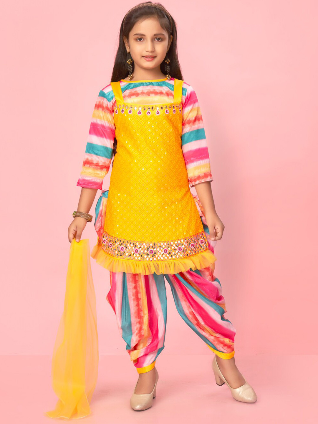 

BAESD Girls Embroidered Mirror Work Pure Silk Kurta & Patiala with Dupatta, Yellow