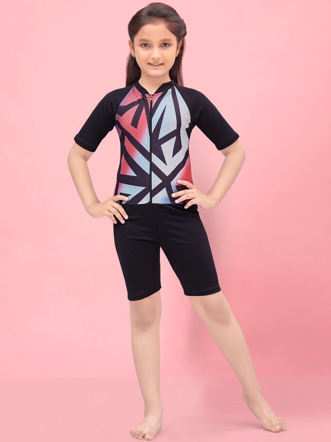 

BAESD Girls Abstract Printed Half-Zip Legsuit, Black