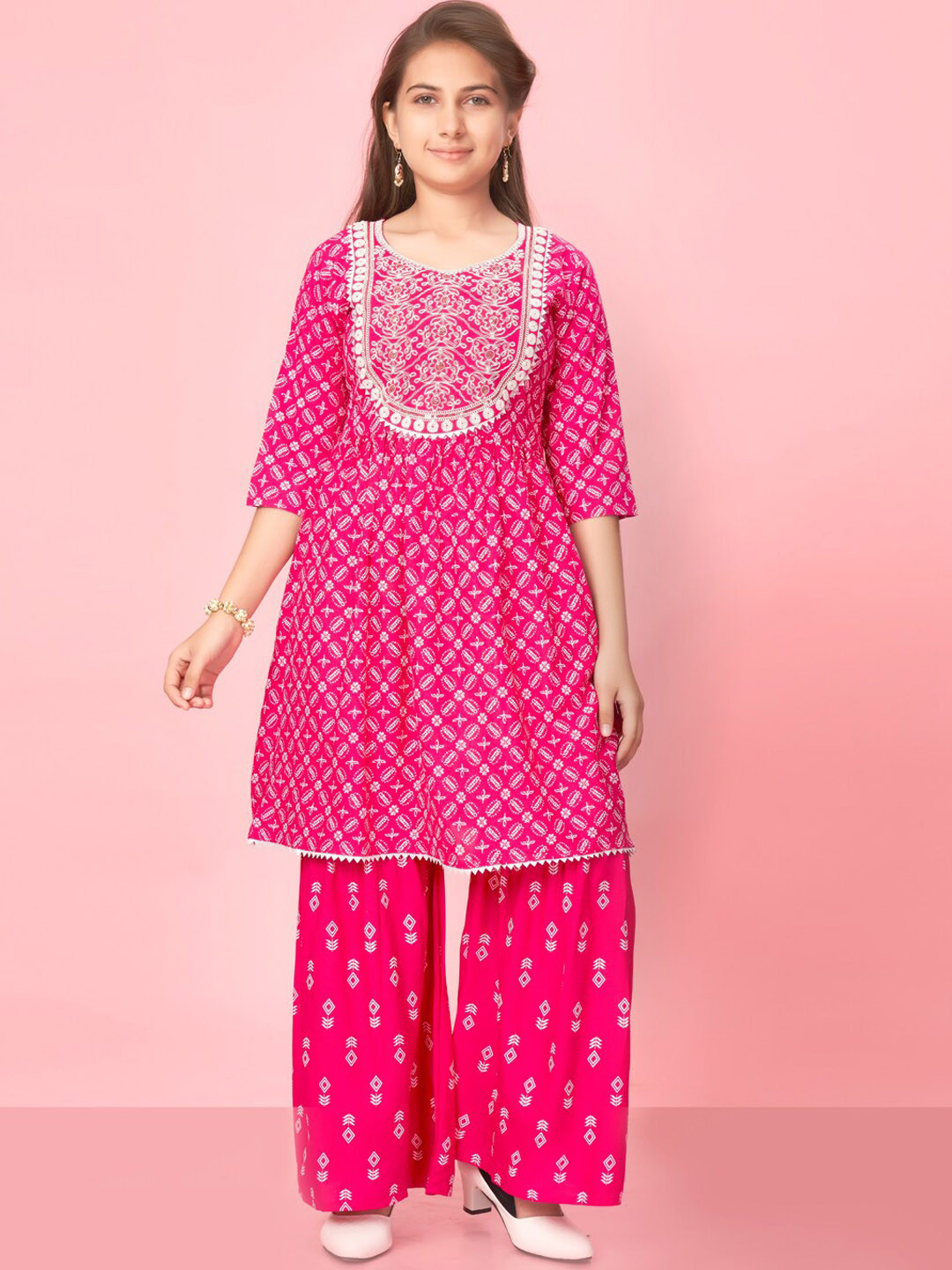 

BAESD Girls Ethnic Motifs Printed Thread Work Detailed Pure Cotton Kurta with Sharara, Pink