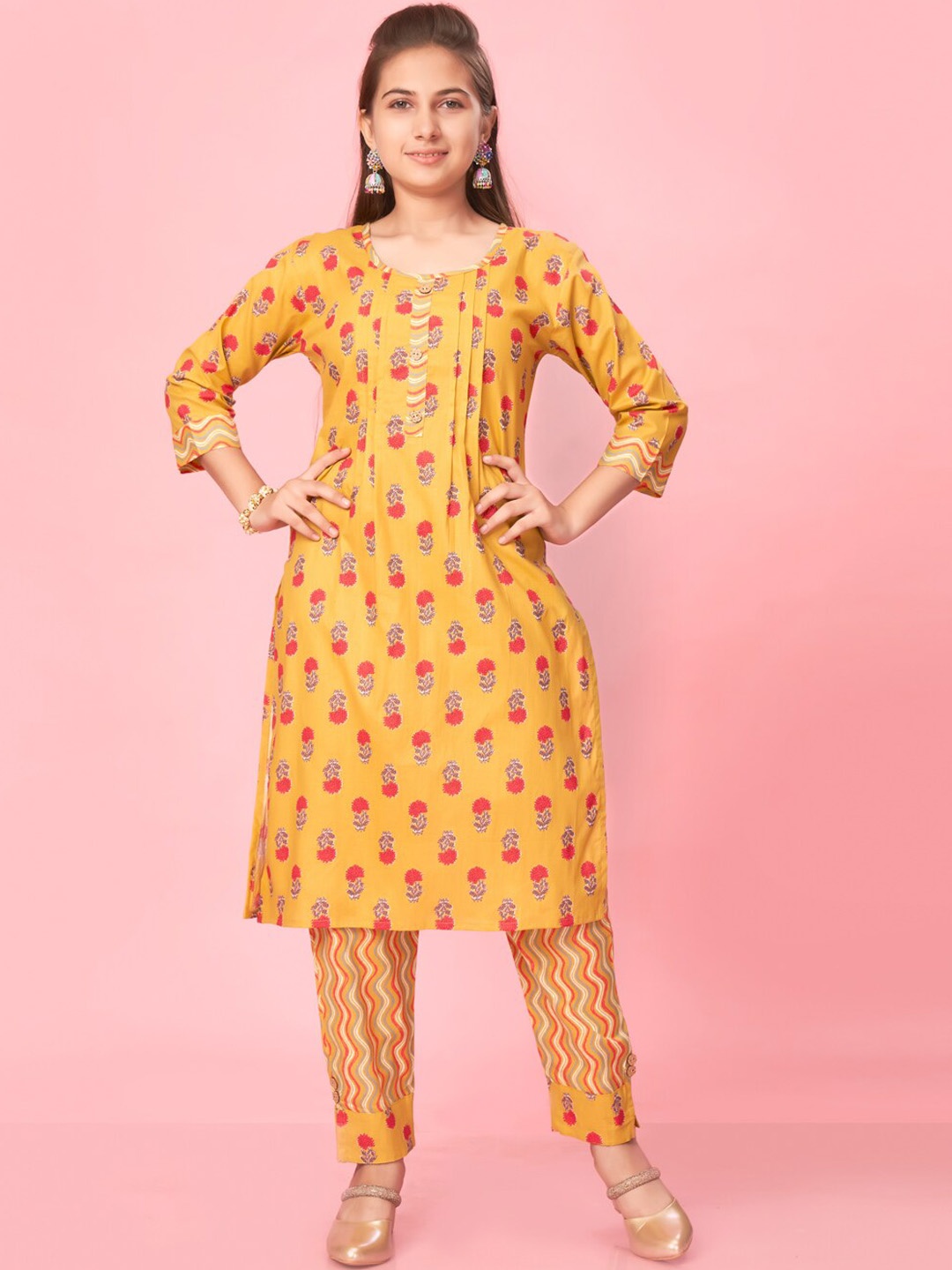 

BAESD Girls Ethnic Motifs Printed Pure Cotton Kurta With Trousers, Yellow