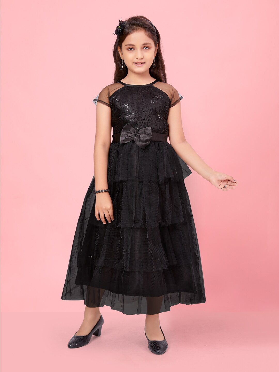 

BAESD Girls Embellished Round Neck Layered Fit & Flare Maxi Dress, Black