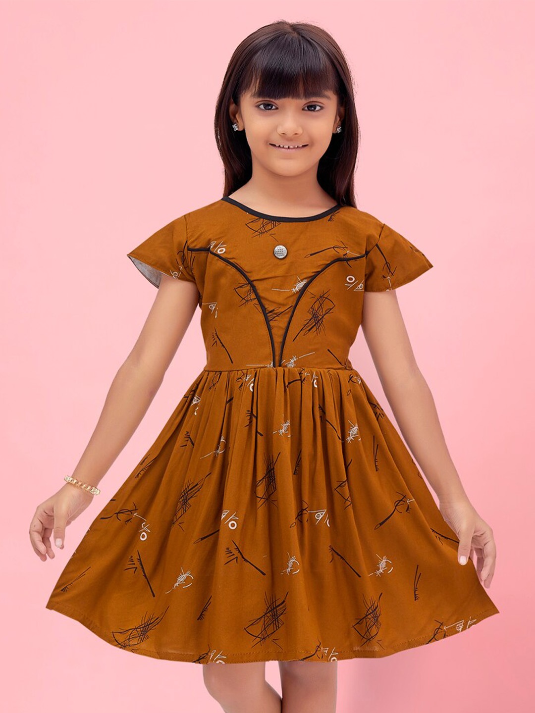 

BAESD Girls Conversational Printed Roubd Neck Fit & Flare Dress, Rust