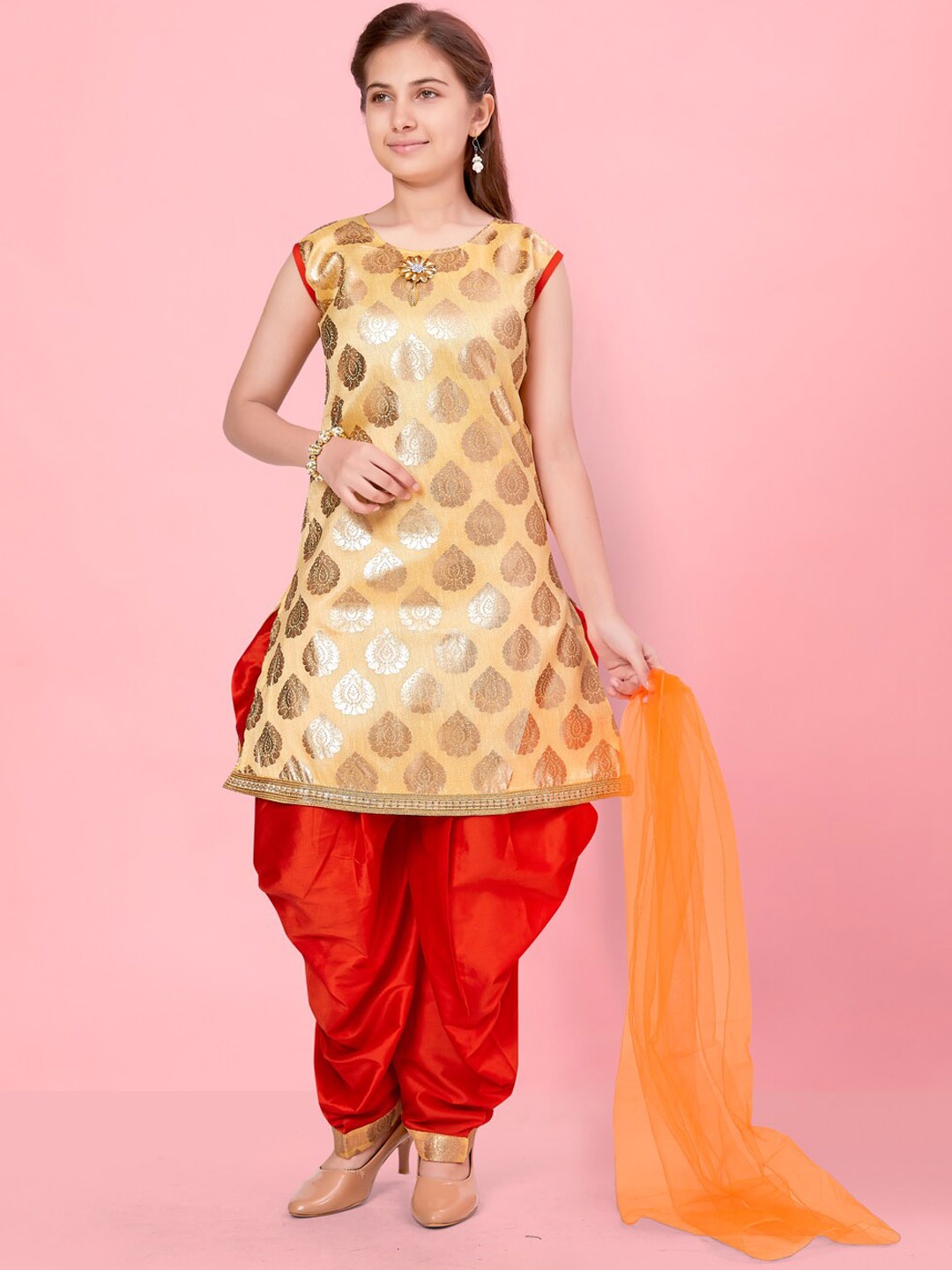 

BAESD Girls Ethnic Motifs Printed Pure Silk Kurta With Dhoti Pants & Dupatta, Gold