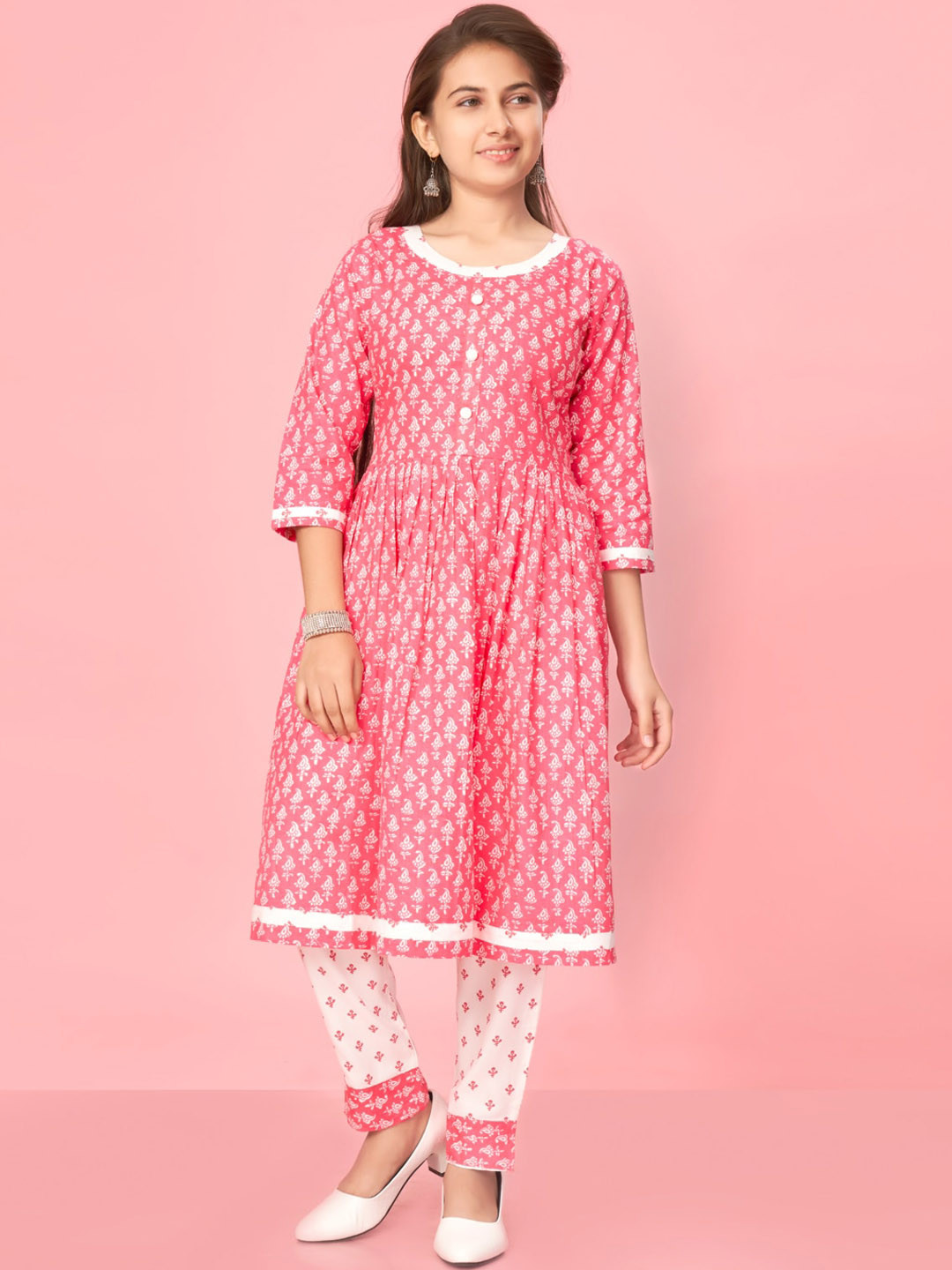 

BAESD Girls Ethnic Motifs Printed Round Neck Gathered Pure Cotton Kurta With Trousers, Pink
