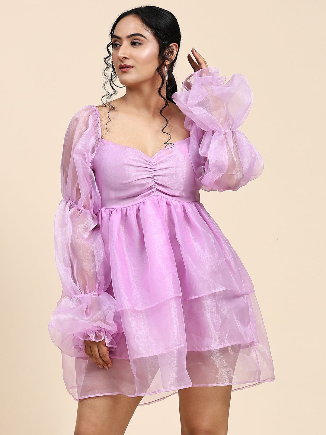 

Phenav Sweetheart Neck Puff Sleeve Organza Empire Dress, Purple