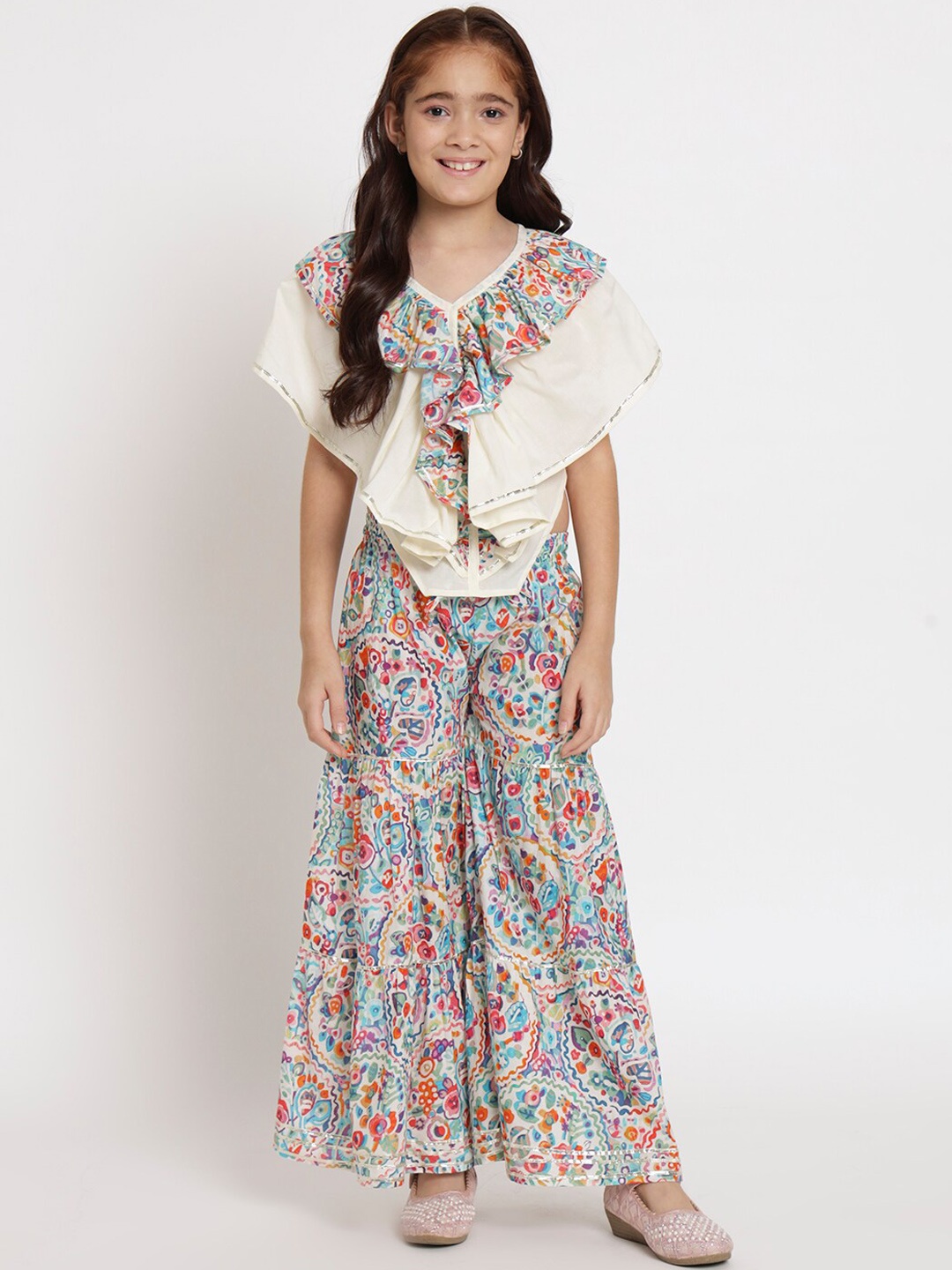 

Readiprint Girls Floral Yoke Design Gotta Patti Pure Cotton Top with Sharara, Cream