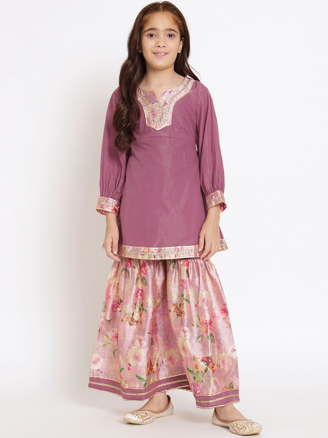 Readiprint Girls Self Design Puffed Sleeves Pure Cotton Kurti With Sharara, Mauve