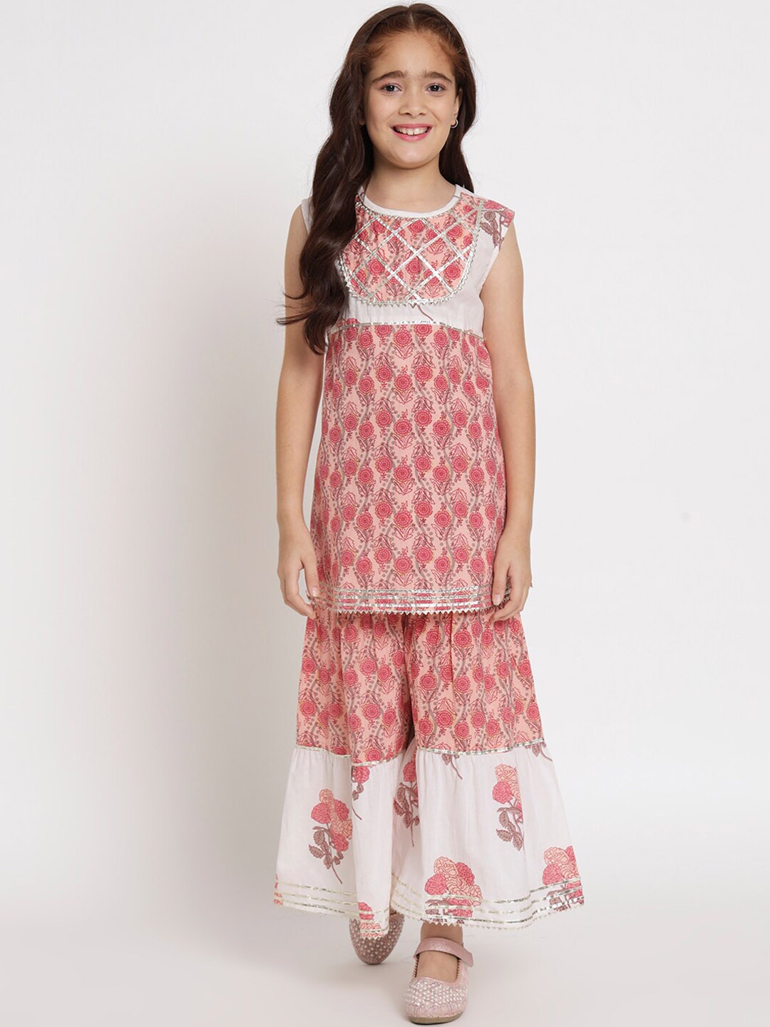 

Readiprint Girls Floral Printed Gotta Patti Pure Cotton Kurti With Sharara, Peach