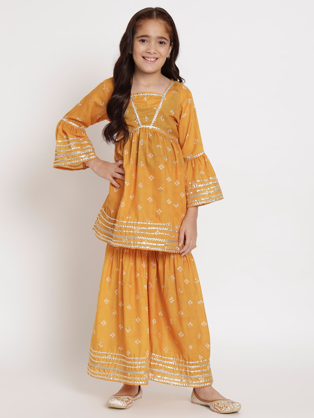 

Readiprint Fashions Girls Bandhani Printed Gotta Patti Cotton Empire Kurti With Sharara, Yellow