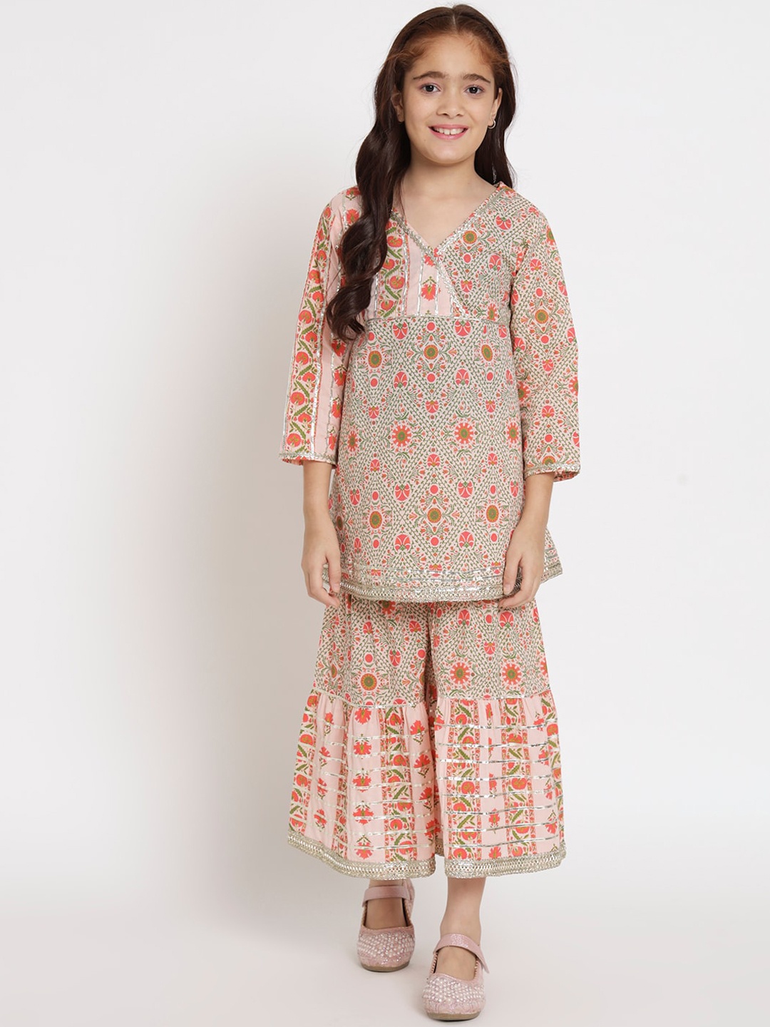 

Readiprint Girls Floral Printed Gotta Patti Cotton Angrakha Kurti With Sharara, Pink