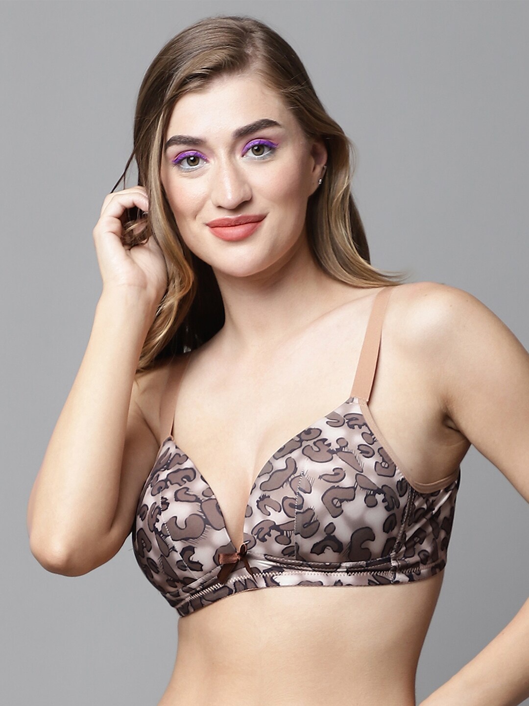 

PrettyCat Abstract Half Coverage Non-Wired Lightly Padded Plunge All Day Comfort Bra, Brown