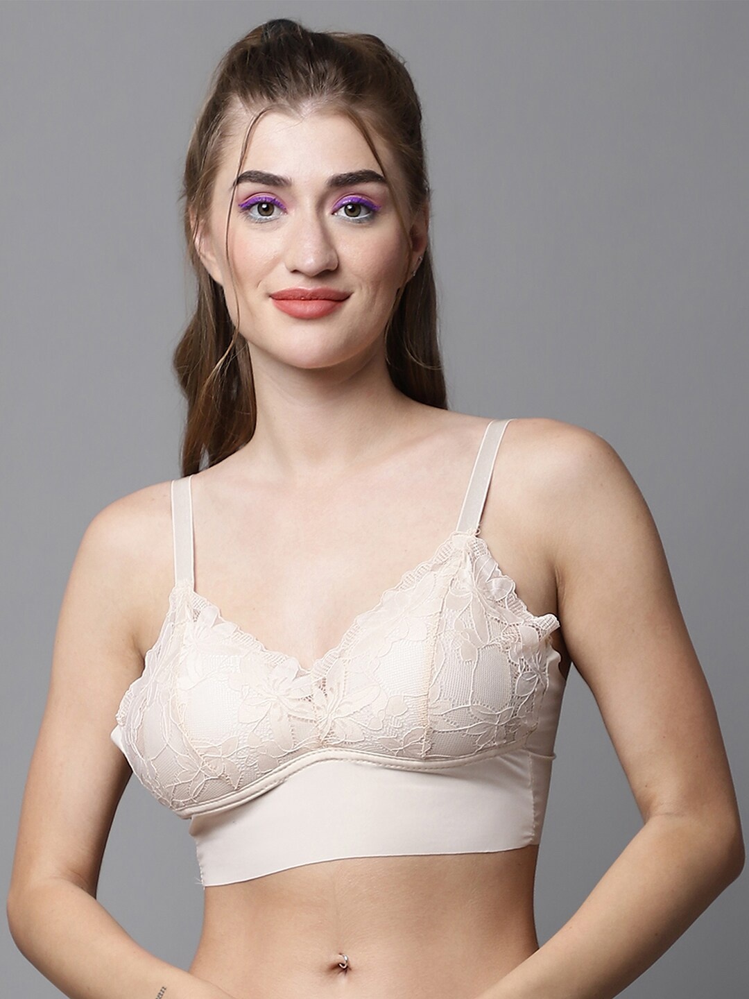 

PrettyCat Floral Medium Coverage Lightly Padded Lace Bralette All Day Comfort Bra, Beige