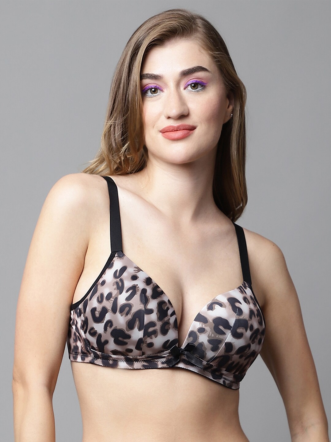 

PrettyCat Animal Half Coverage Non-Wired Lightly Padded Plunge All Day Comfort Bra, Black