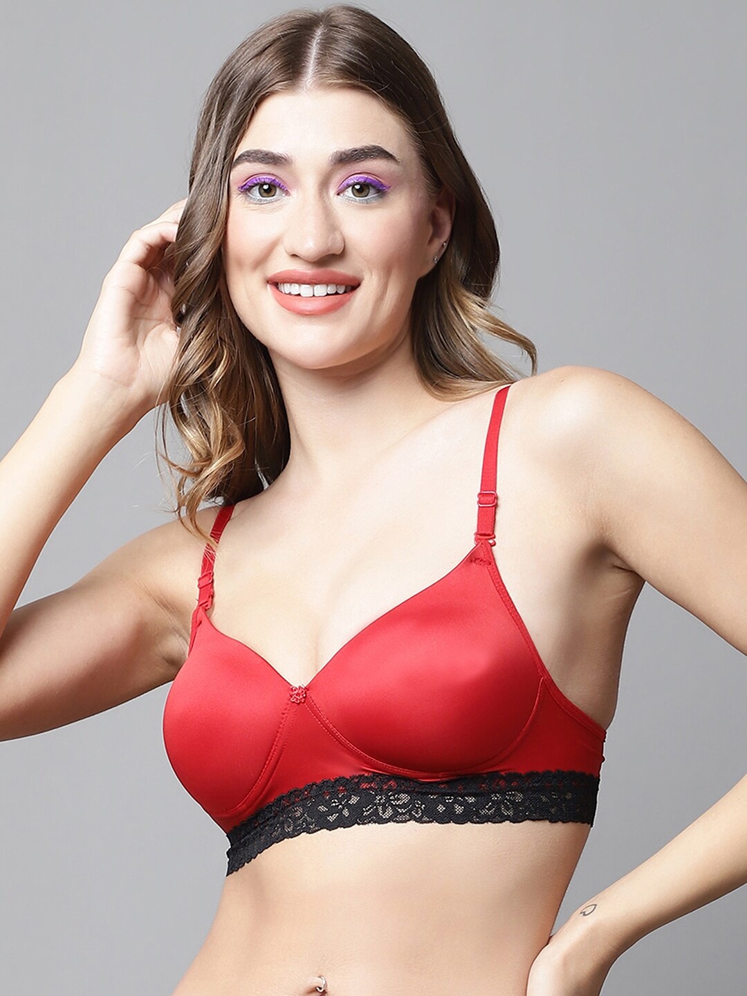 

PrettyCat Medium Coverage Lace T-shirt All Day Comfort Bra PC-BR-6095-RED-30B-Red