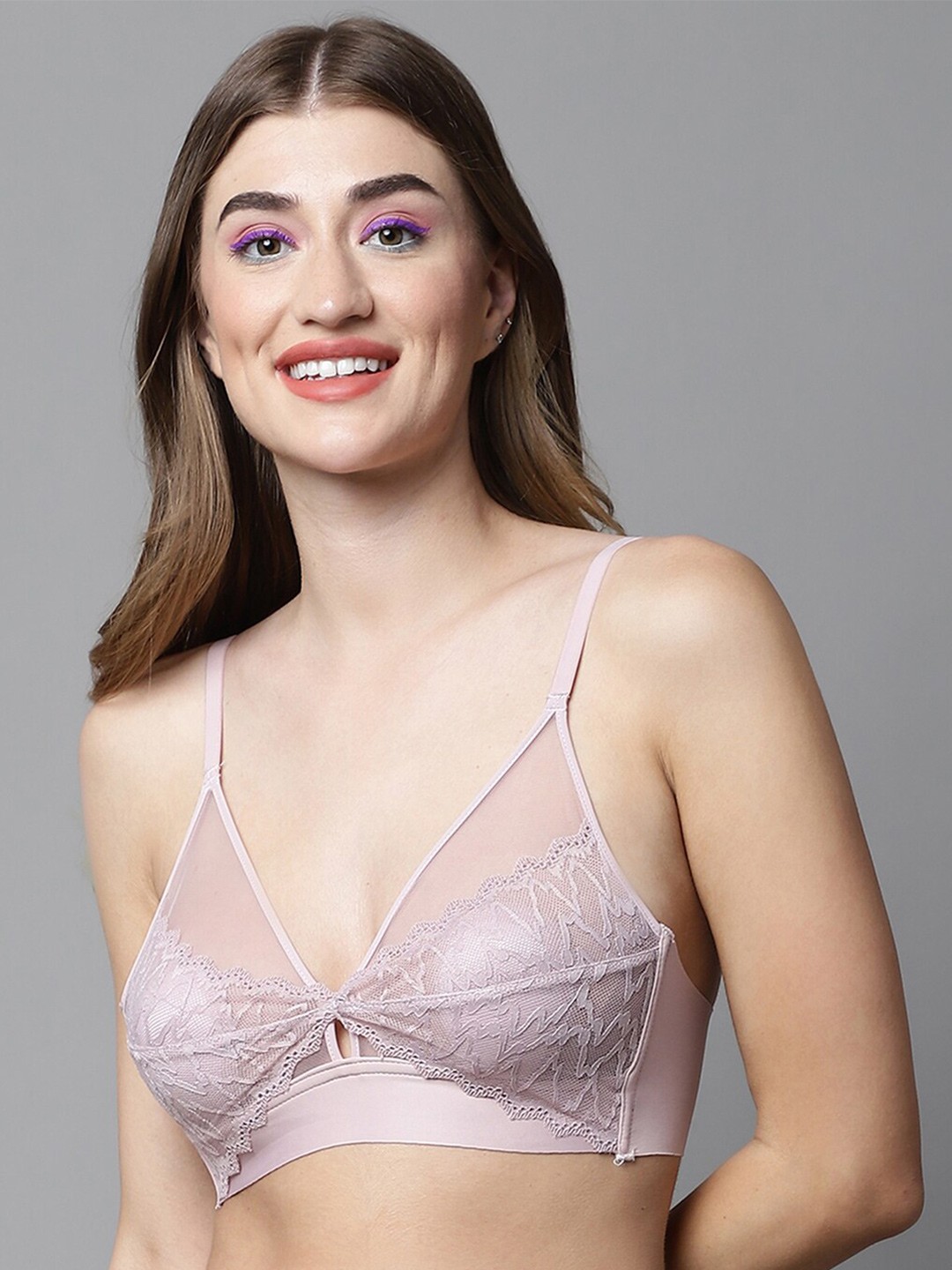 

PrettyCat Medium Coverage Non-Wired Lightly Padded Lace Bralette All Day Comfort Bra, Pink