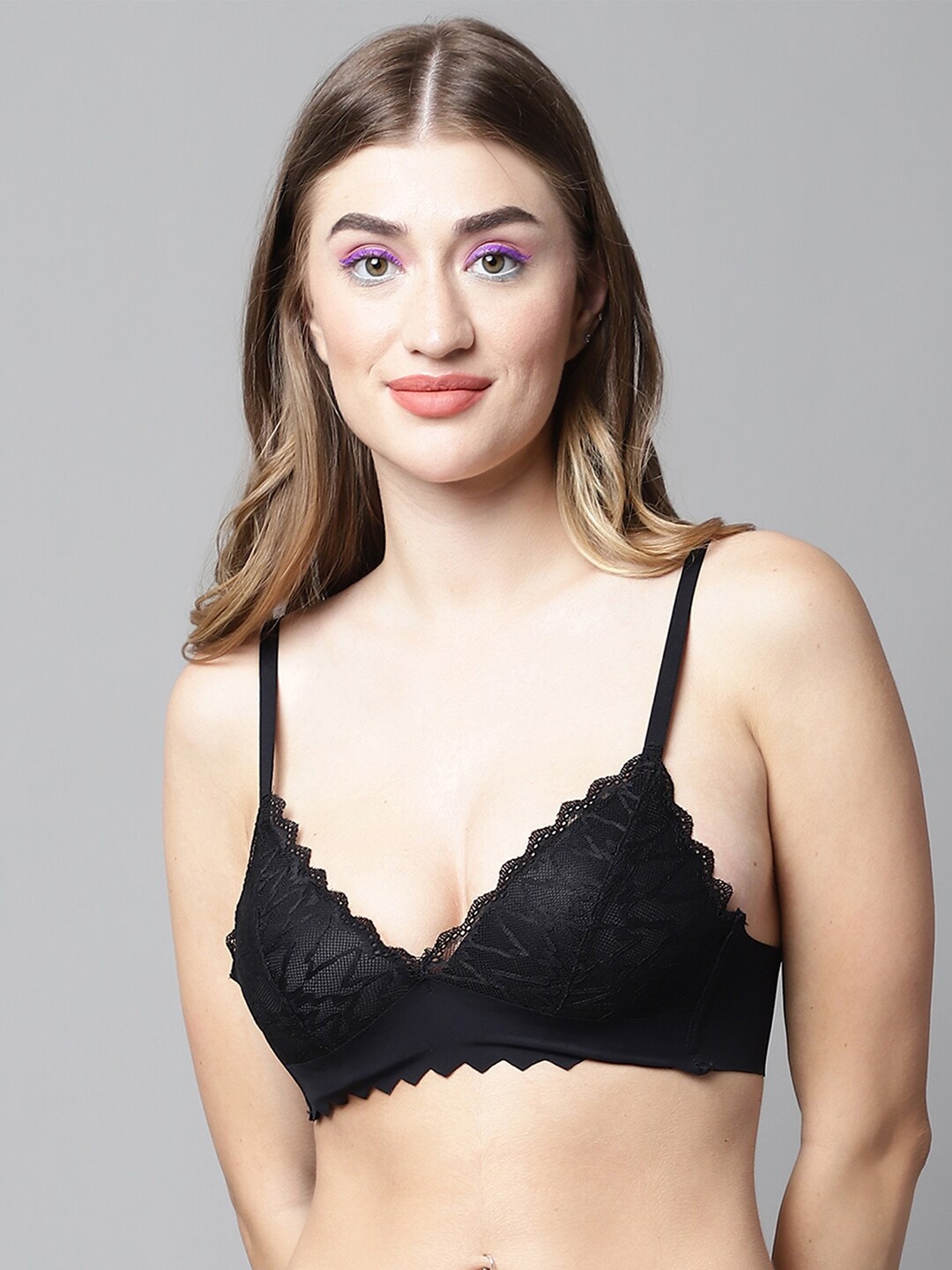 

PrettyCat Floral Medium Coverage Lightly Padded Lace Bralette All Day Comfort Bra, Black