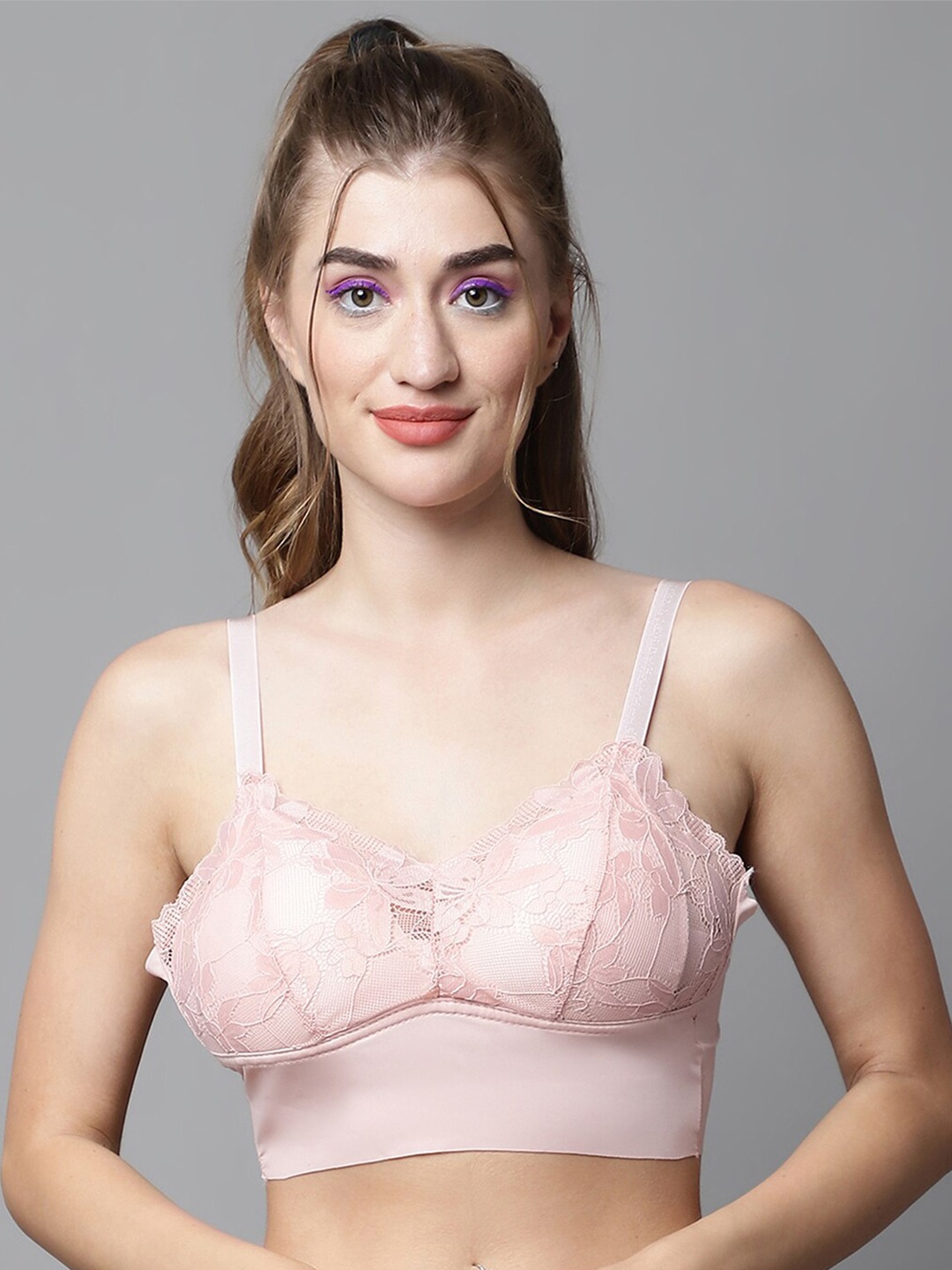

PrettyCat Floral Medium Coverage Lightly Padded Lace Bralette All Day Comfort Bra, Peach