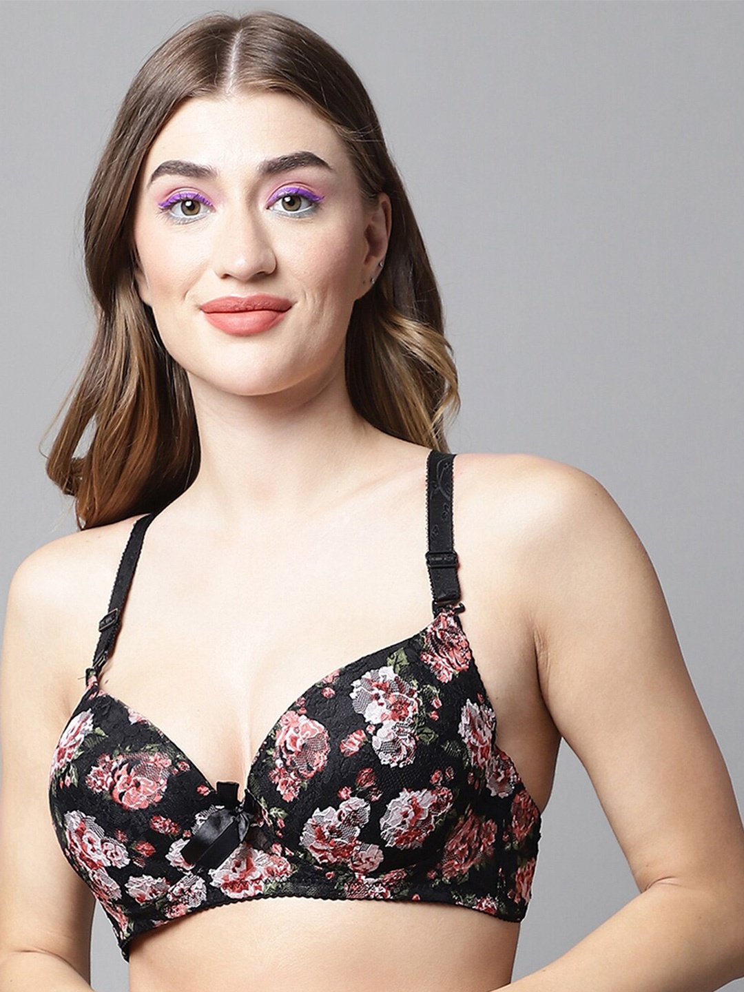

PrettyCat Floral Print Medium Coverage Underwired Lightly Padded All Day Comfort Bra, Black