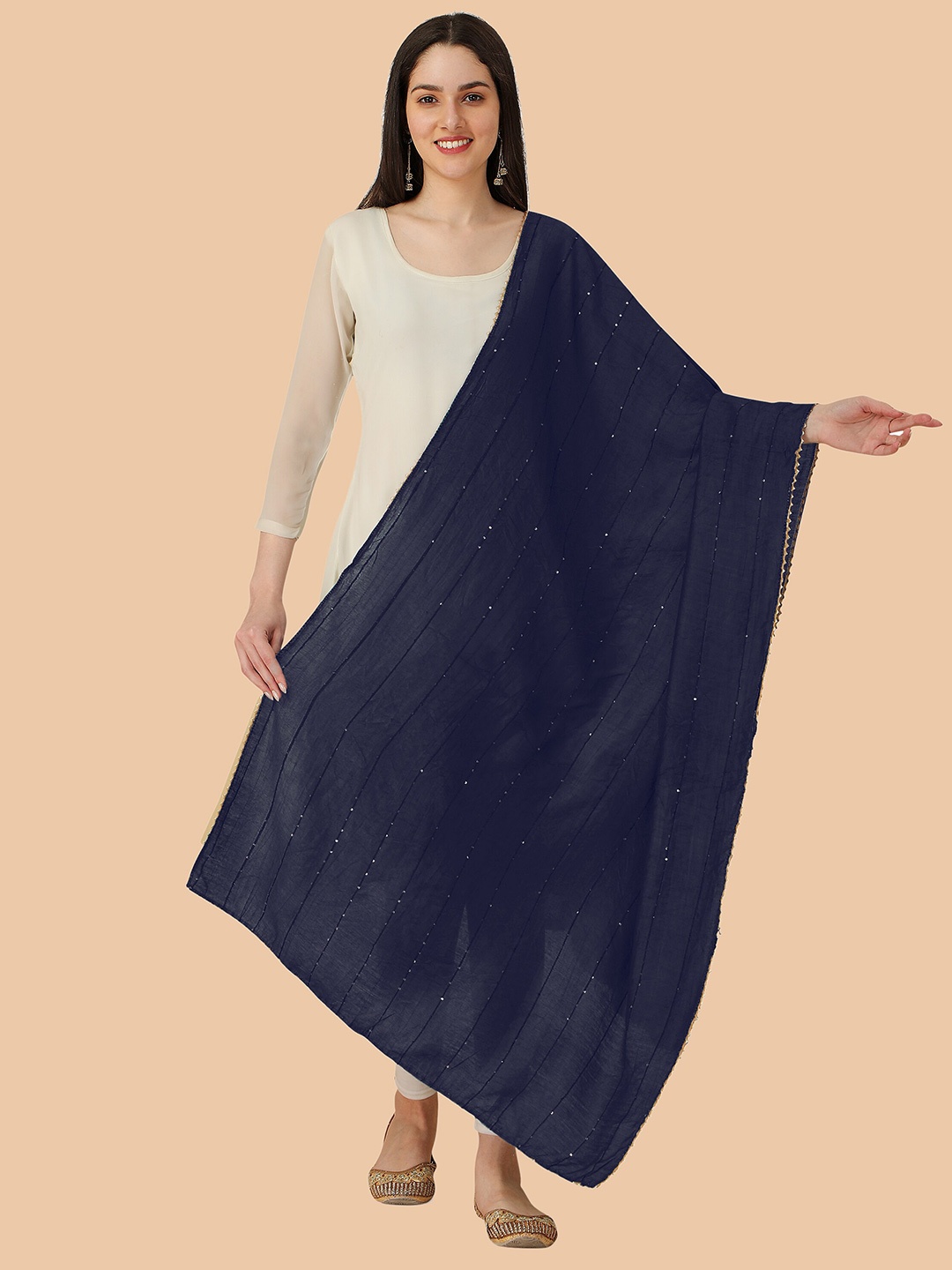 

Dori Striped Embroidered Chiffon Dupatta With Sequinned, Navy blue
