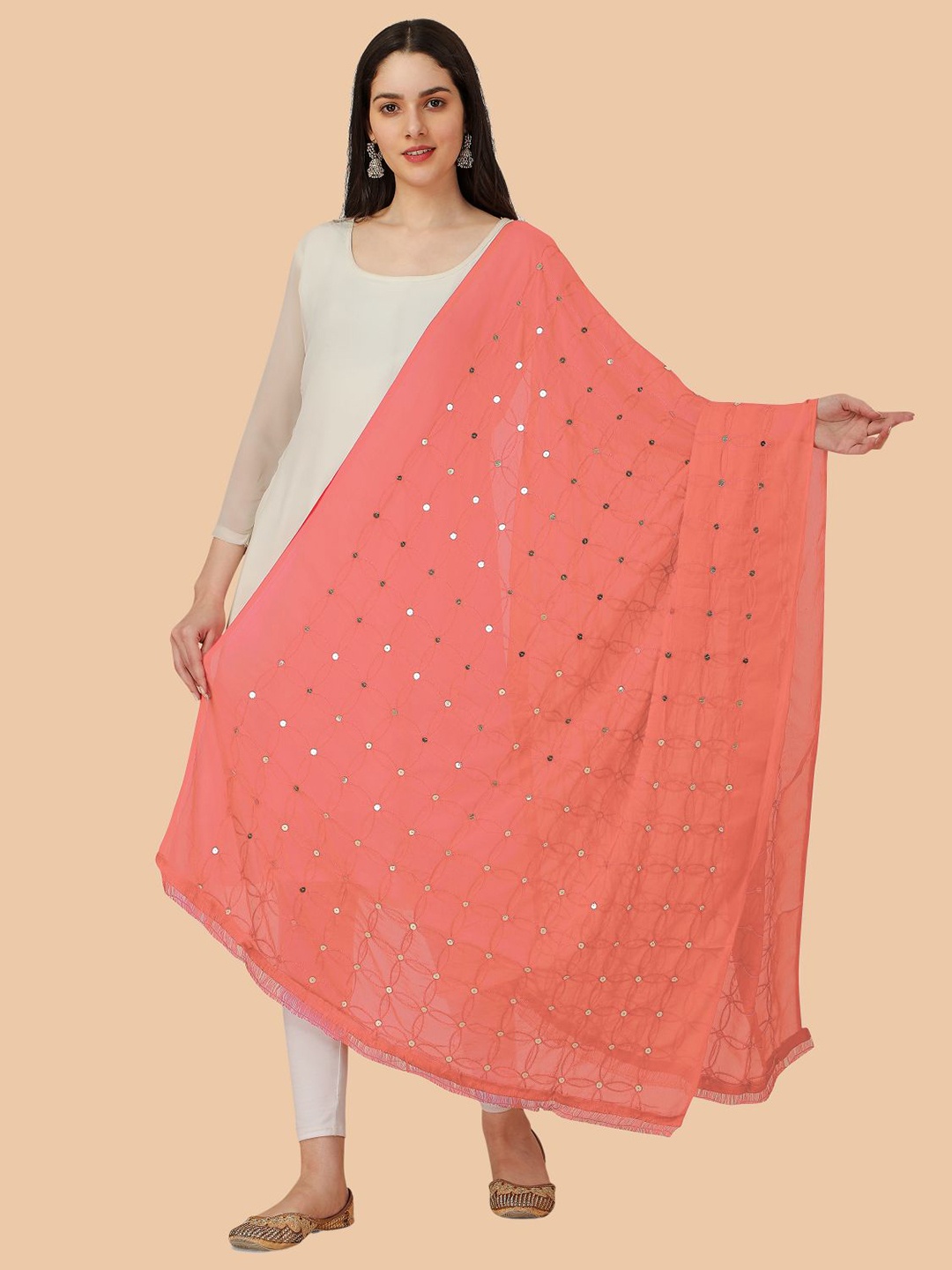 

Dori Geometric Embroidered Chiffon Dupatta With Sequinned, Peach