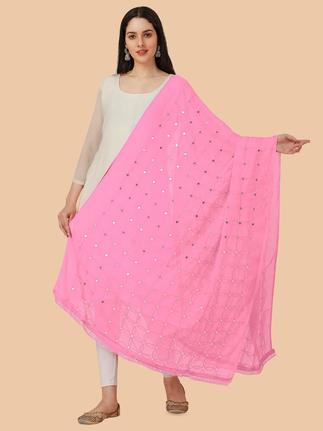 

Dori Geometric Embroidered Chiffon Dupatta With Sequinned, Pink