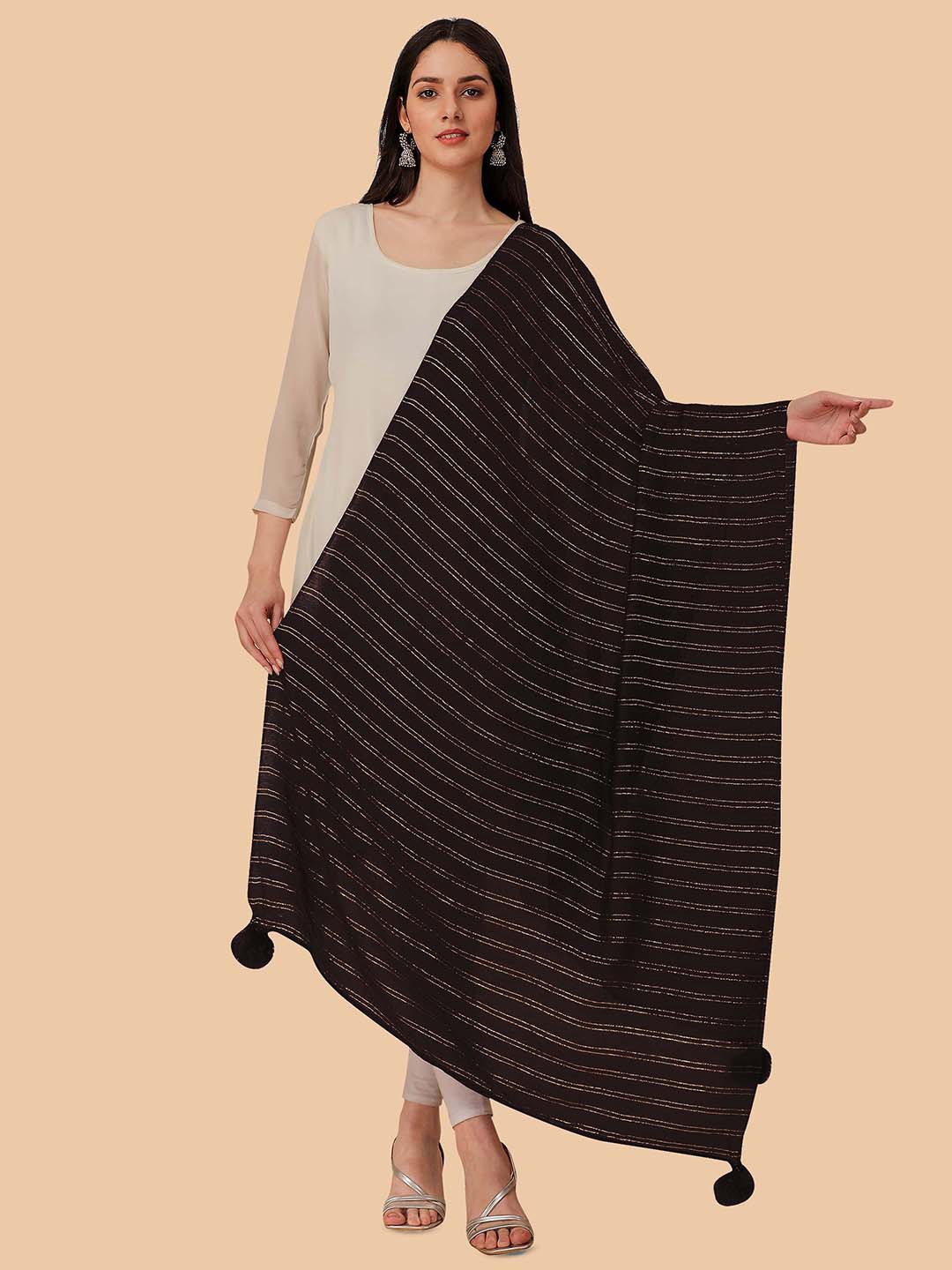 

Dori Striped Woven Design Chiffon Dupatta With Zari, Black