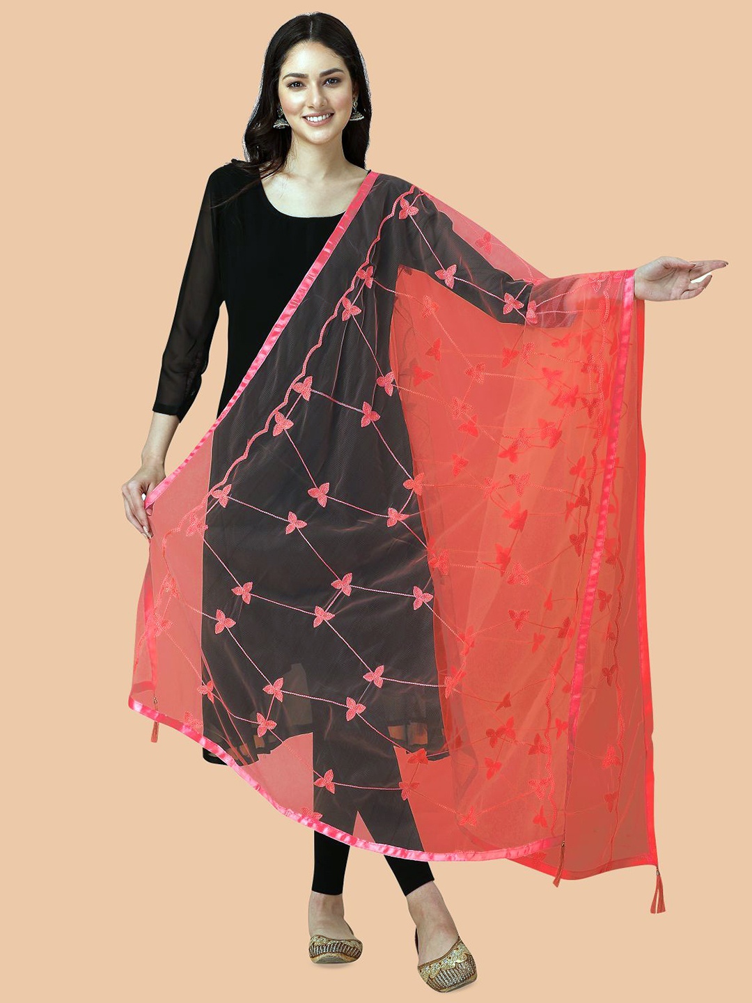 

Dori Floral Embroidered Dupatta With Thread Work, Orange