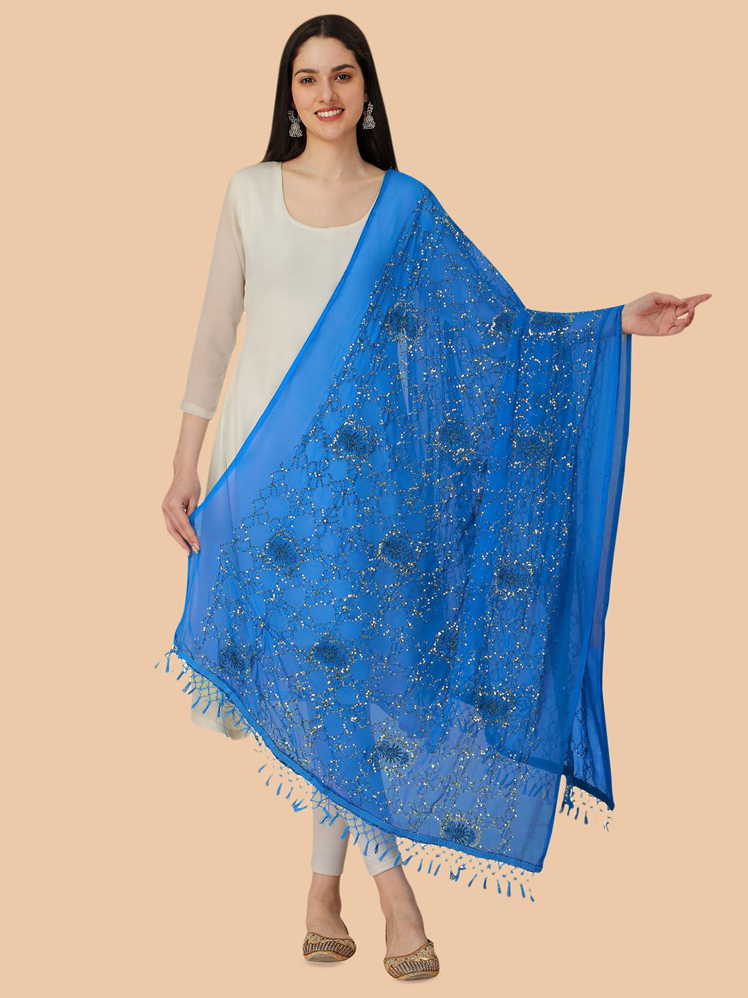 

Dori Abstract Embroidered Chiffon Dupatta with Sequinned, Blue