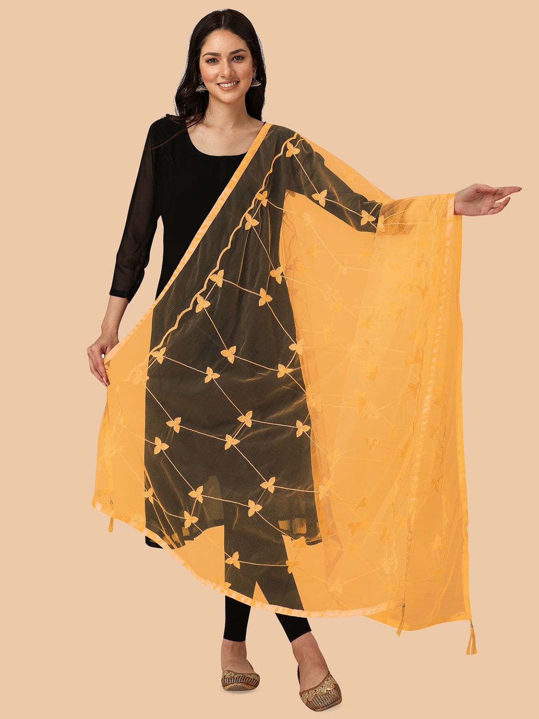 

Dori Floral Embroidered Net Dupatta with Thread Work, Yellow