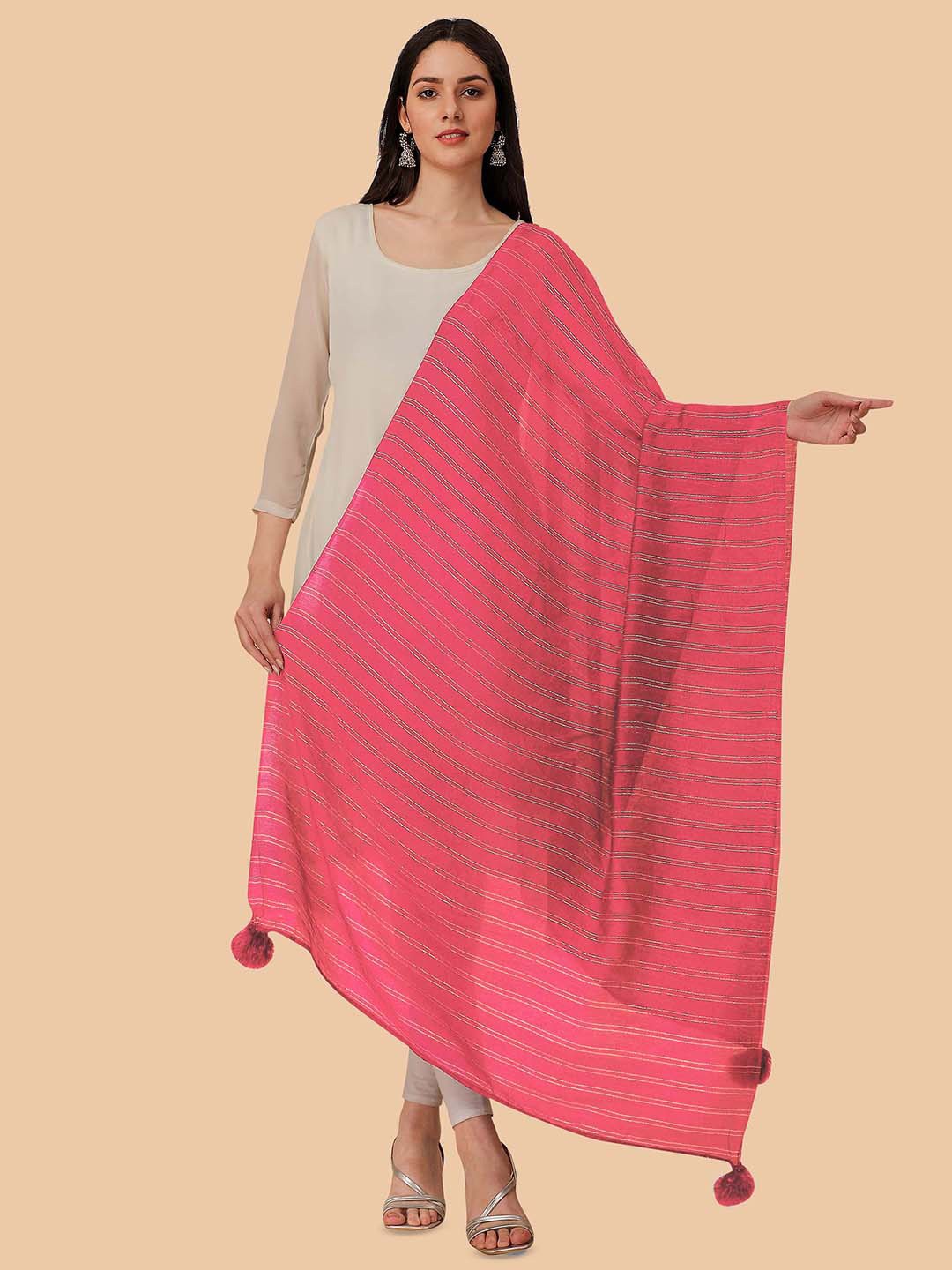 

Dori Striped Chiffon Dupatta with Zari, Pink