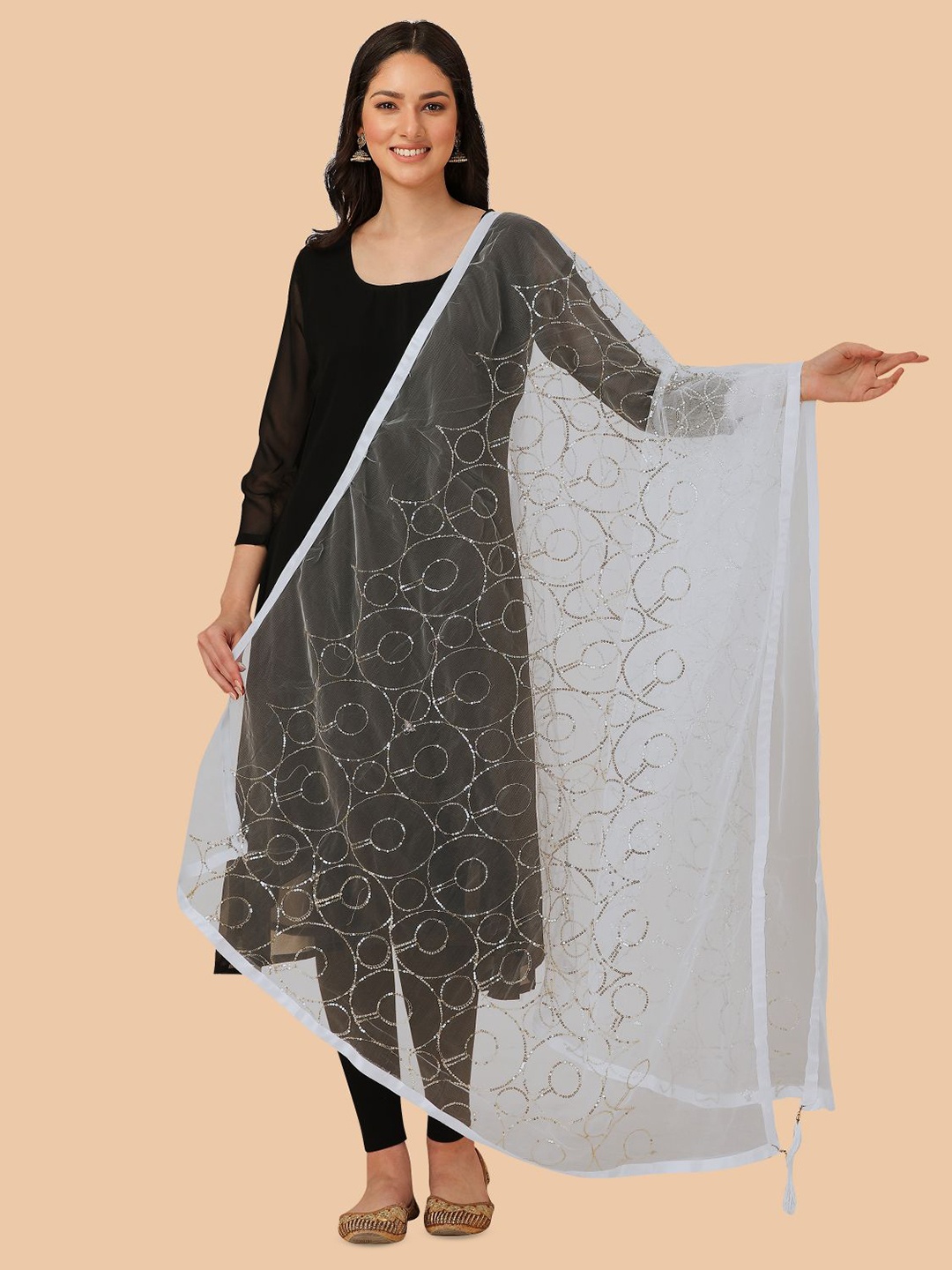 

Dori Geometric Embroidered Net Dupatta with Sequinned, White