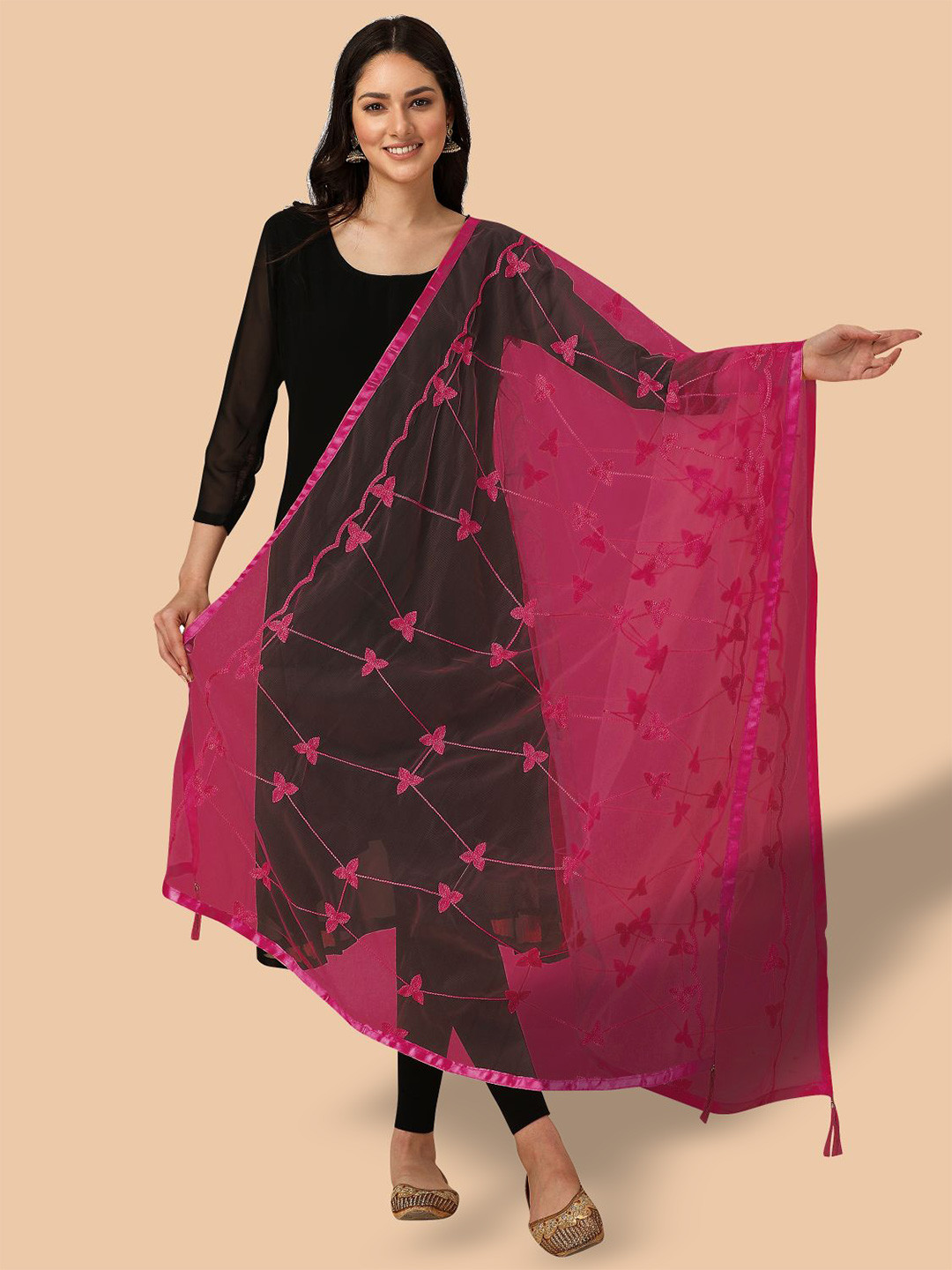 

Dori Floral Embroidered Dupatta With Thread Work, Pink