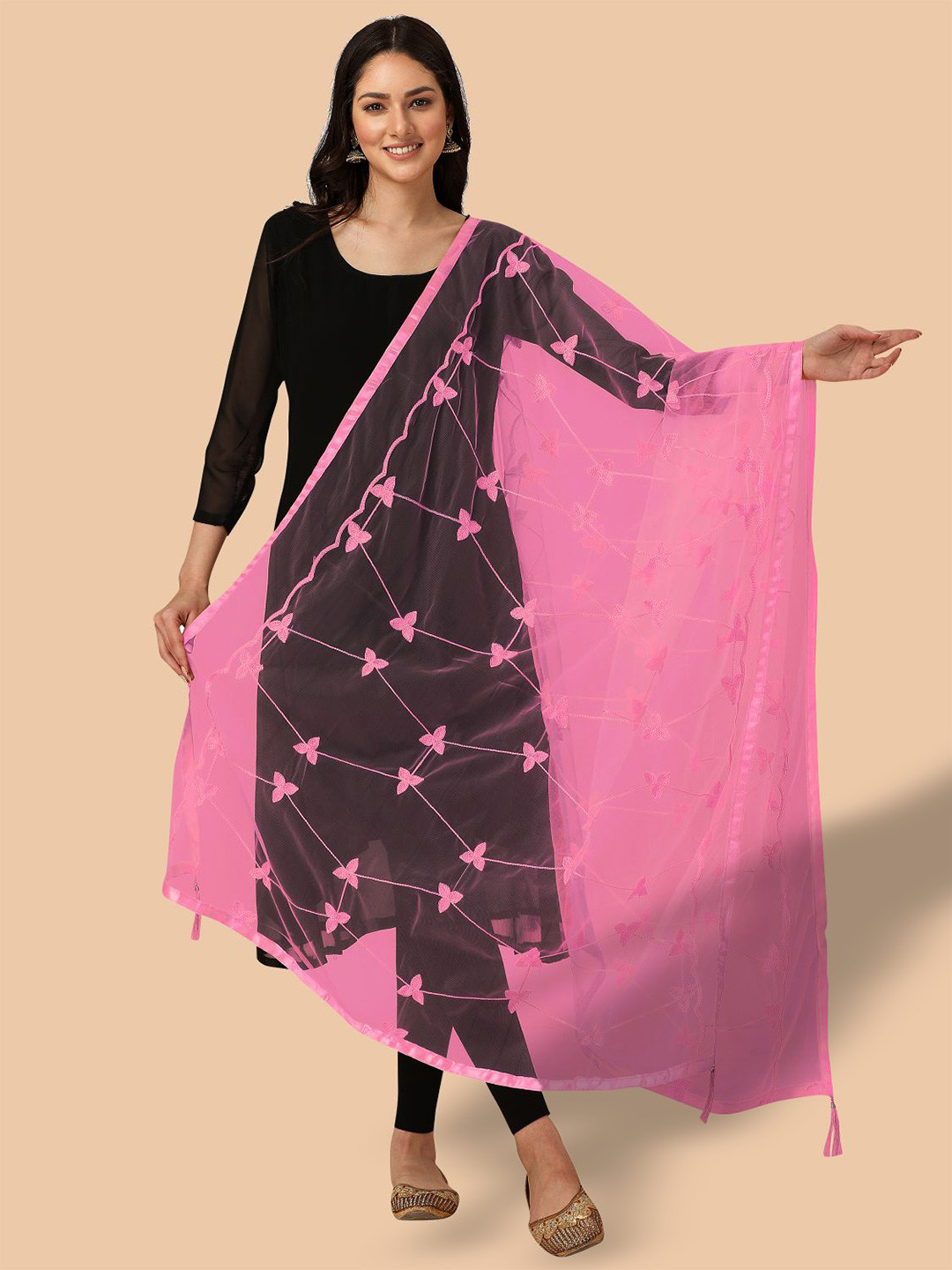 

Dori Pink Floral Embroidered Net Dupatta with Thread Work