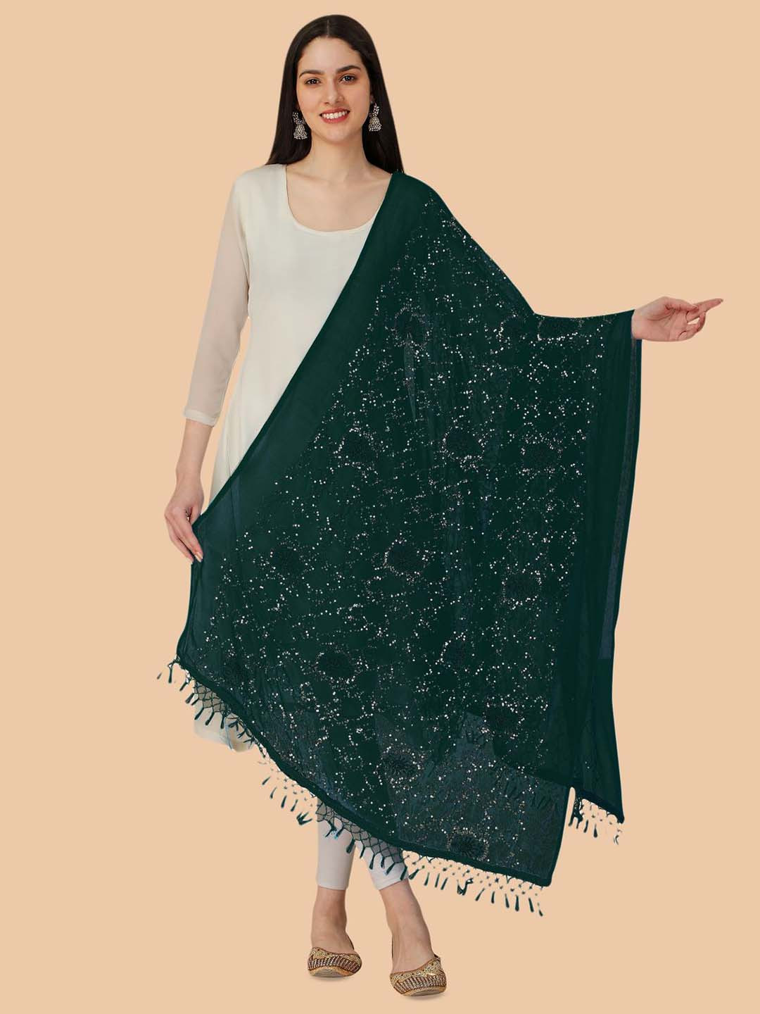 

Dori Embroidered Dupatta With Sequinned, Green