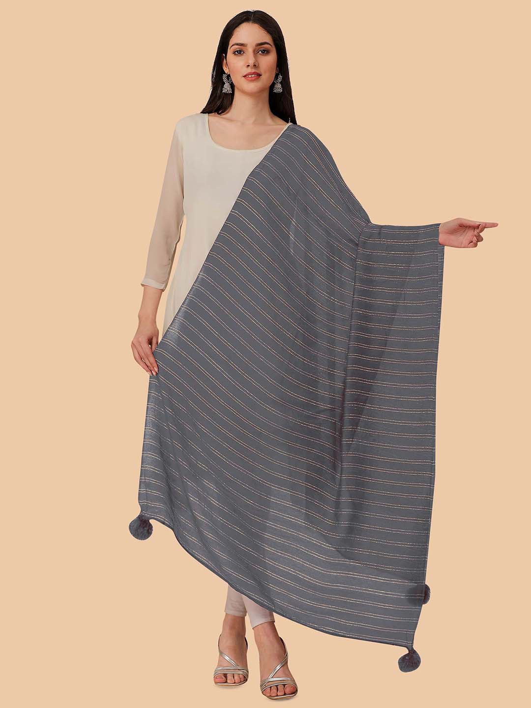 

Dori Striped Dupatta With Zari, Grey