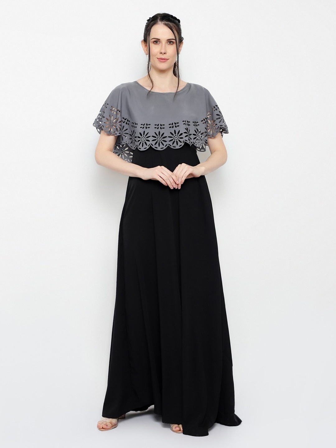 

OCEANISTA Colourblocked Cape Sleeve Cut-Outs Detail Crepe Maxi Dress, Grey