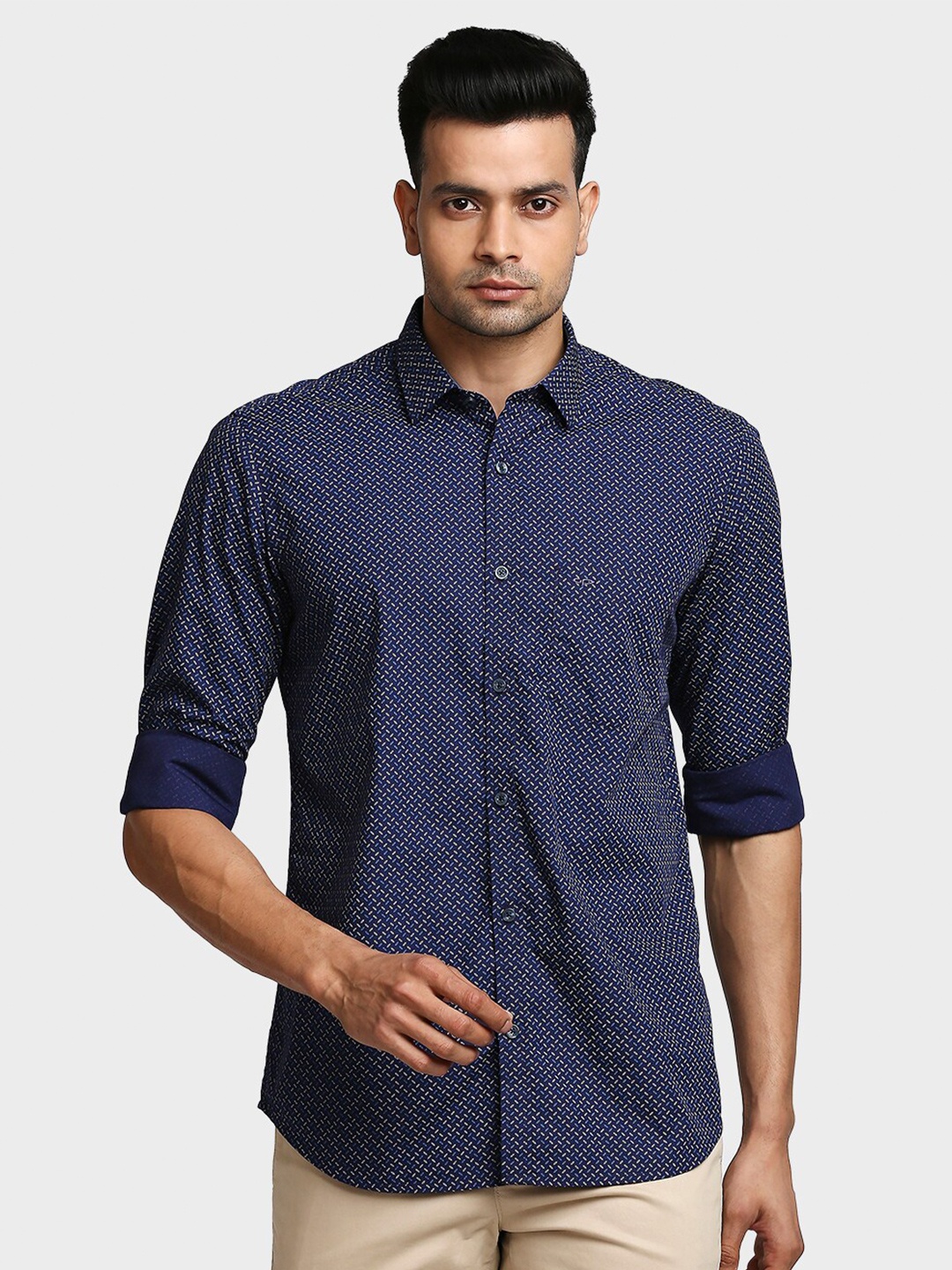 

ColorPlus Ditsy Printed Spread Collar Cotton Formal Shirt, Navy blue