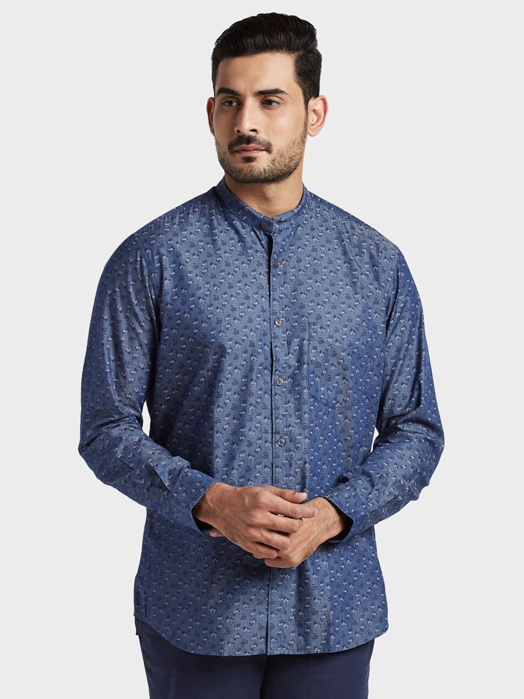 

ColorPlus Regular Fit Floral Printed Mandarin Collar Cotton Casual Shirt, Navy blue