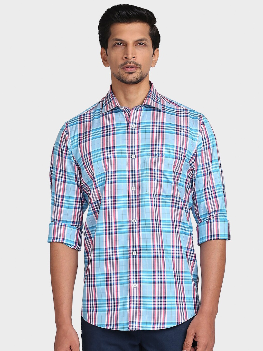 

ColorPlus Checked Spread Collar Cotton Formal Shirt, Blue